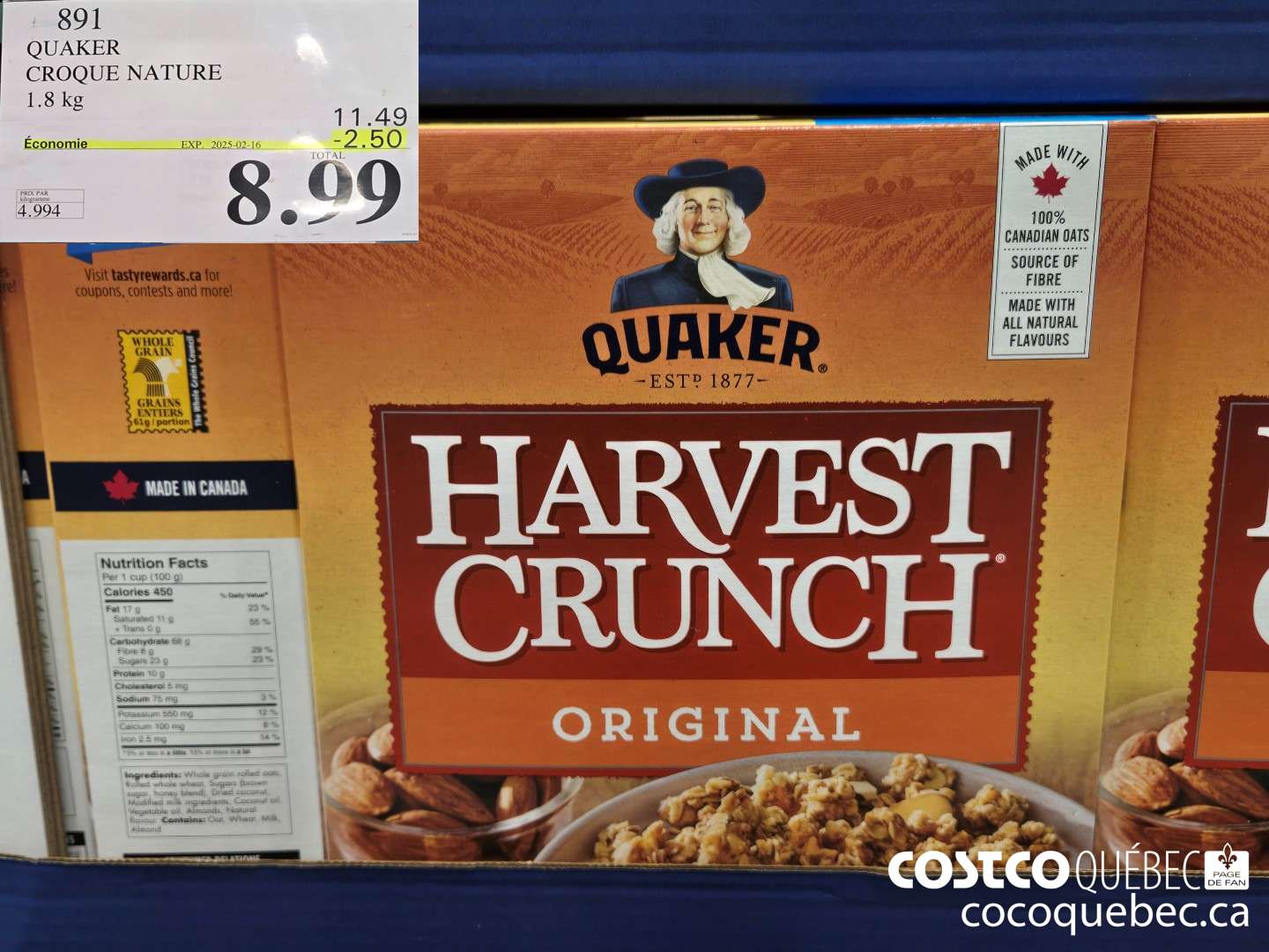891 QUAKER CROQUE NATURE 1.8 kg  ($2.50 INSTANT SAVINGS EXPIRES ON 2025-02-16) $8.99