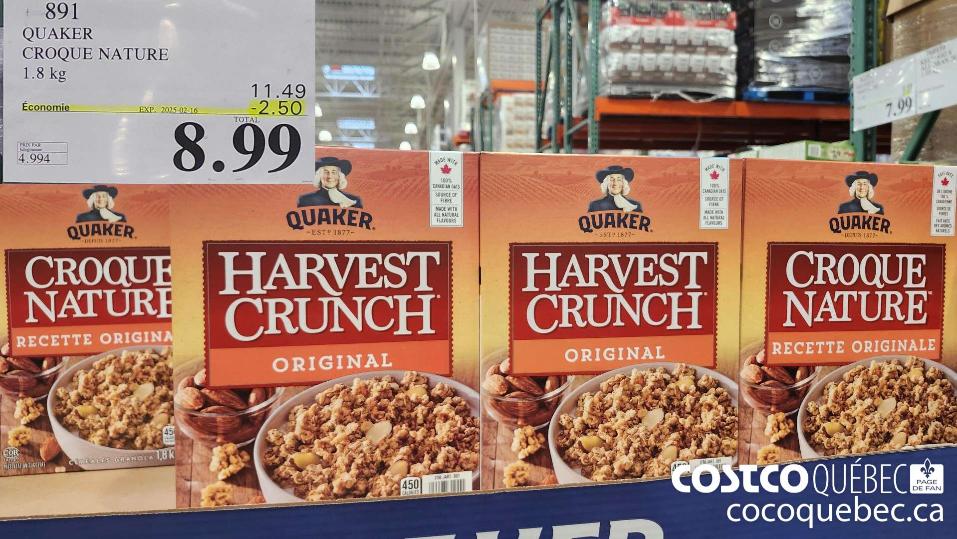 891 QUAKER CROQUE NATURE 1.8 kg  ($2.50 INSTANT SAVINGS EXPIRES ON 2025-02-16) $8.99