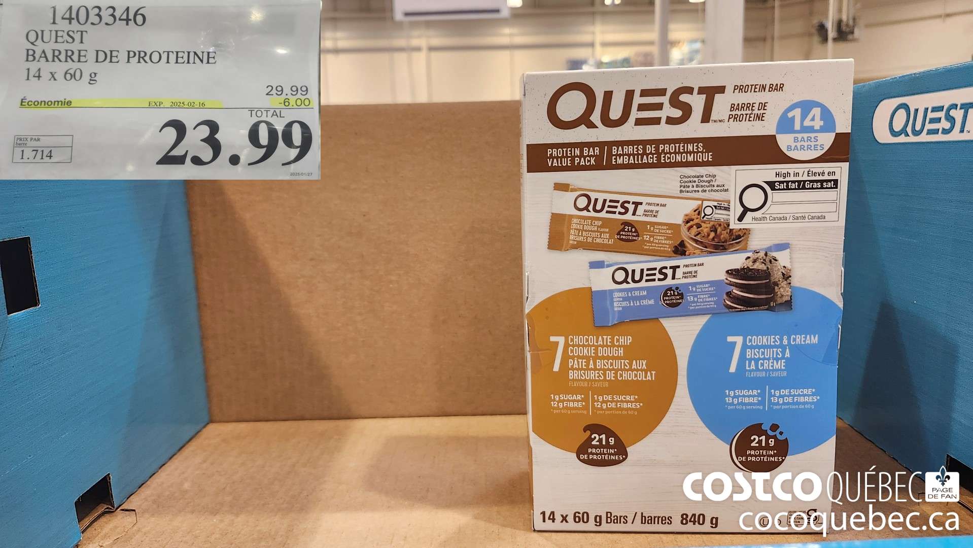 1403346 QUEST BARRE DE PROTEINE 14x 60 G ($6.00 INSTANT SAVINGS EXPIRES ON 2025-02-16) $23.99