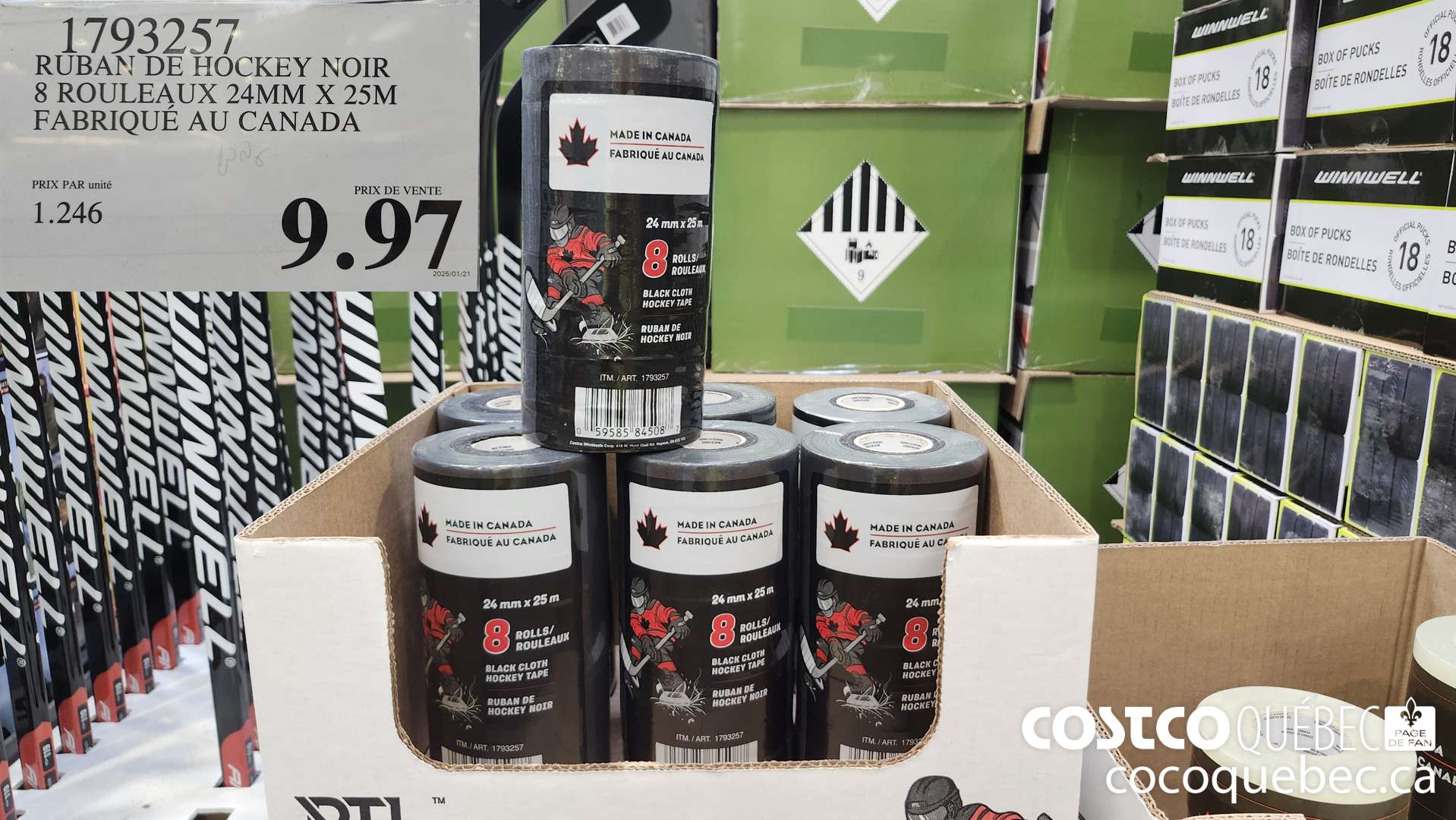 1793257 RUBAN DE HOCKEY NOIR 8 ROULEAUX 24MM X 25M FABRIQUE AU CANADA  $9.97