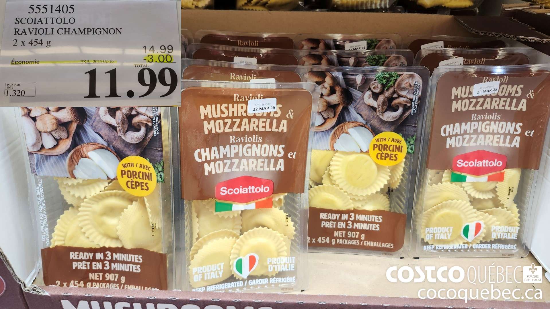 5551405 SCOIATTOLO RAVIOLI CHAMPIGNON 2x 454 g  ($3.00 INSTANT SAVINGS EXPIRES ON 2025-02-16) $11.99