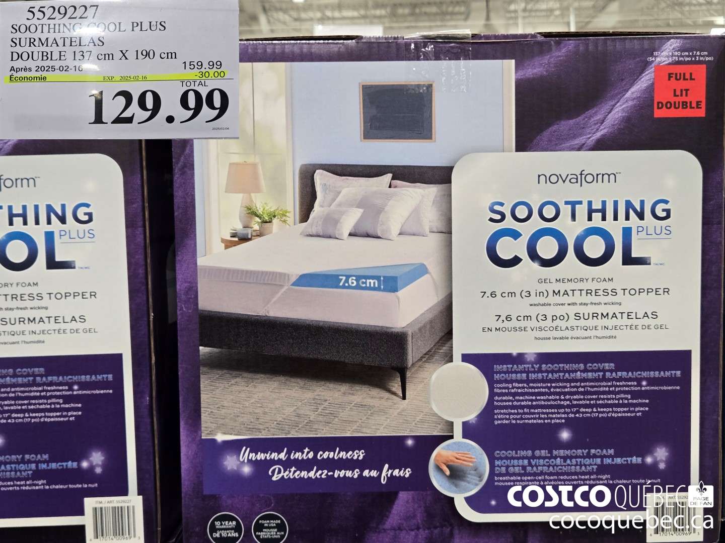 5529227 SOOTHIN IL PLUS SURMATELAS DOUBLE 137 cm X 190 cm  ($30.00 INSTANT SAVINGS EXPIRES ON 2025-02-16) $129.99