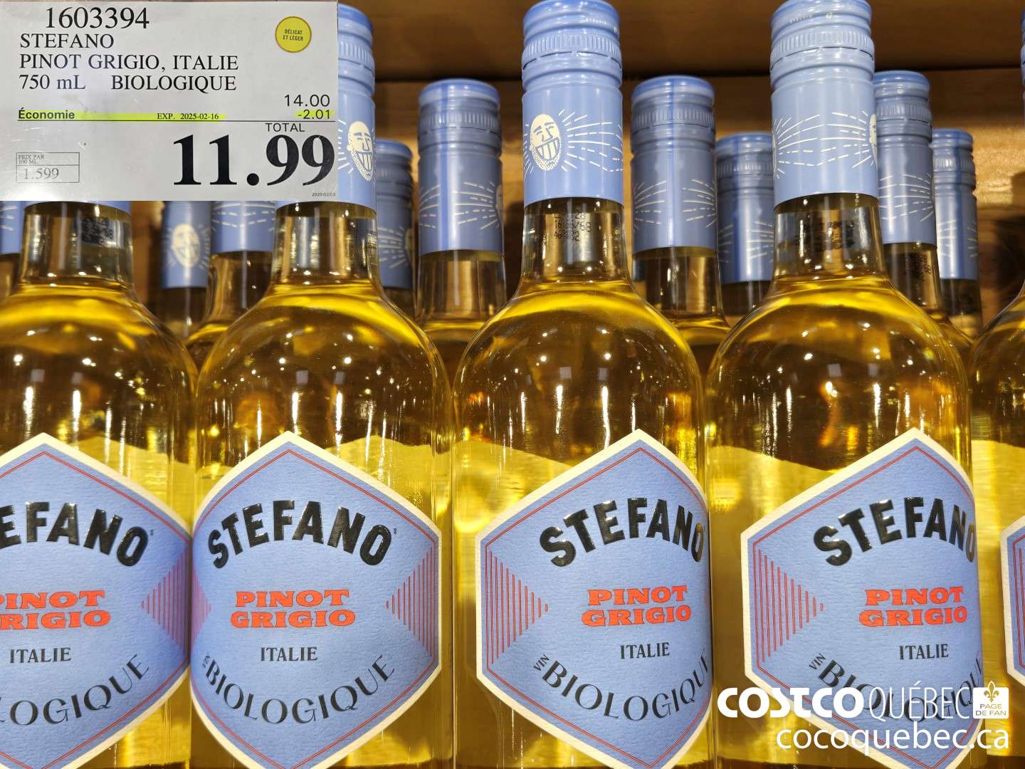 1603394 STEFANO PINOT GRIGIO, ITALIE 750 mL BIOLOGIQUE PRIX PAR 100 ML PRIX DE VENTE ($2.01 INSTANT SAVINGS EXPIRES ON 2025-02-16) $11.99