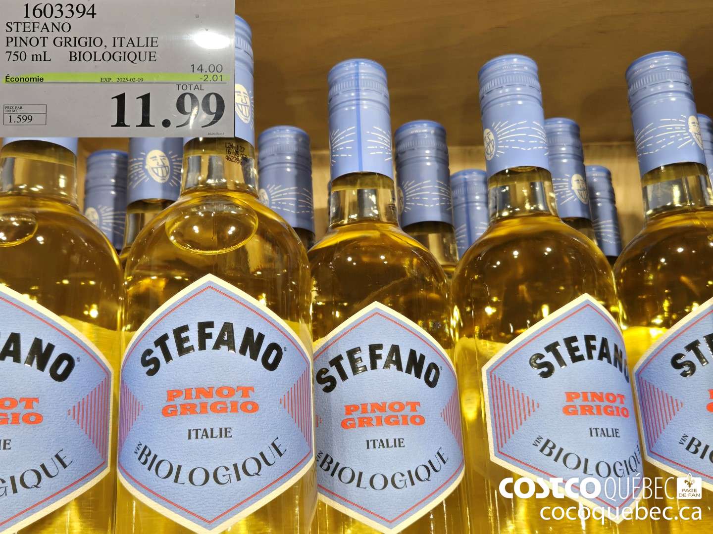 1603394 STEFANO PINOT GRIGIO, ITALIE 750 mL BIOLOGIQUE PRIX PAR 100 ML PRIX DE VENTE ($2.01 INSTANT SAVINGS EXPIRES ON 2025-02-09) $11.99