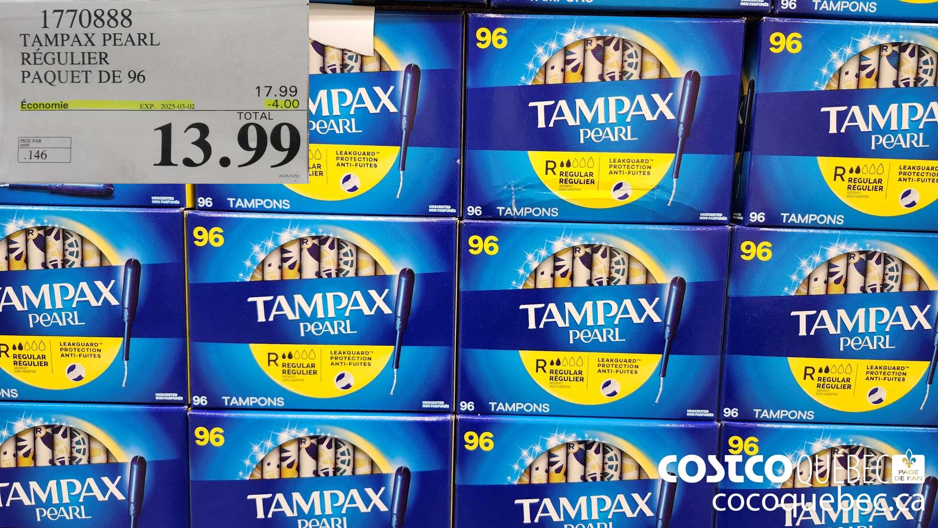 1770888 TAMPAX PEARL REGULIER PAQUET DE 96  ($4.00 INSTANT SAVINGS EXPIRES ON 2025-03-02) $13.99