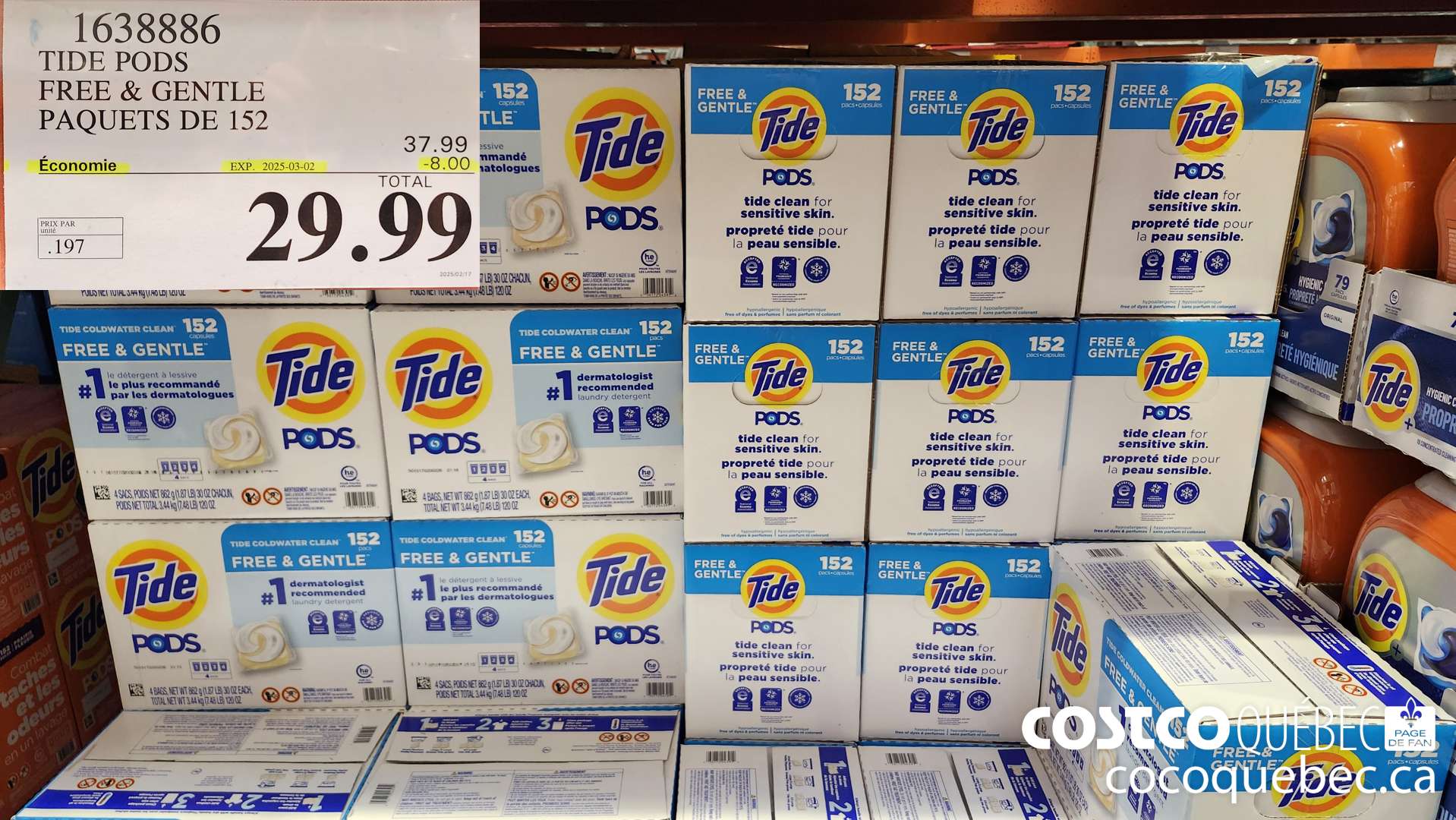 1638886 TIDE PODS FREE & GENTLE PAQUETS DE 152  ($8.00 INSTANT SAVINGS EXPIRES ON 2025-01-05) $29.99
