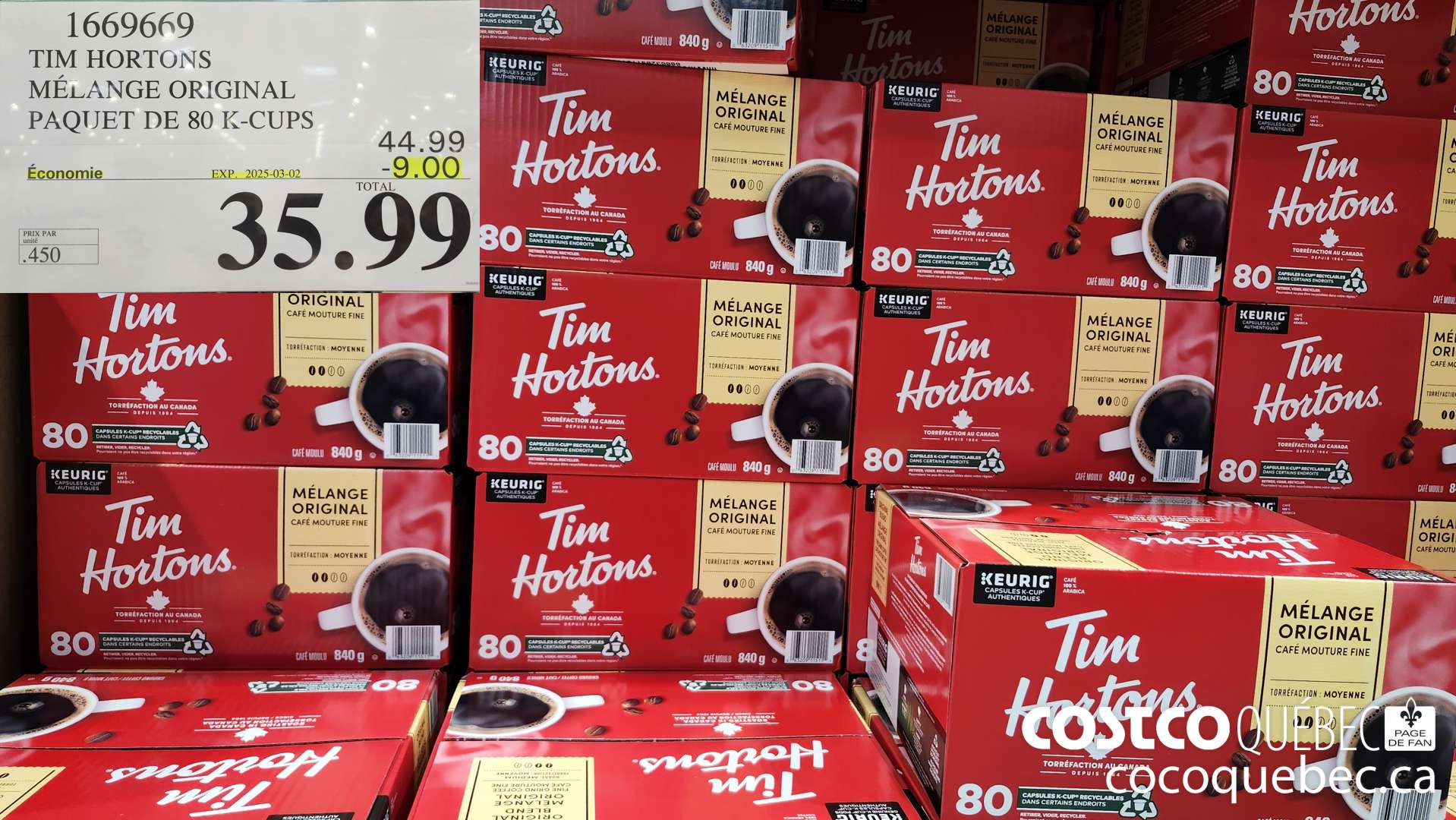 1669669 TIM HORTONS ; MELANGE ORIGINAL DE 80 K-CUPS ($9.00 INSTANT SAVINGS EXPIRES ON 2025-03-02) $35.99