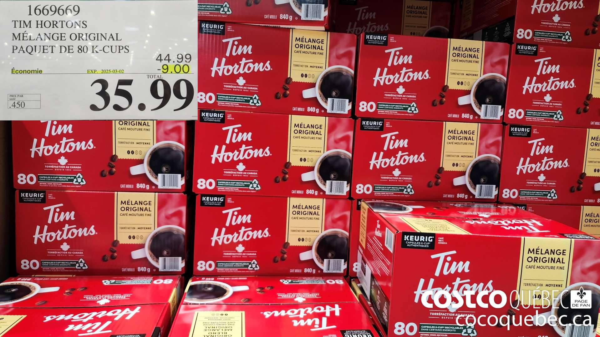 1669669 TIM HORTONS ; MELANGE ORIGINAL DE 80 K-CUPS ($9.00 INSTANT SAVINGS EXPIRES ON 2025-03-02) $35.99