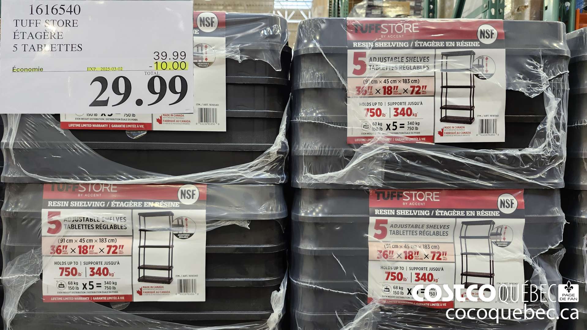 1616540 TUFF STORE ETAGERE 5 TABLETTES ($10.00 INSTANT SAVINGS EXPIRES ON 2025-03-02) $39.99