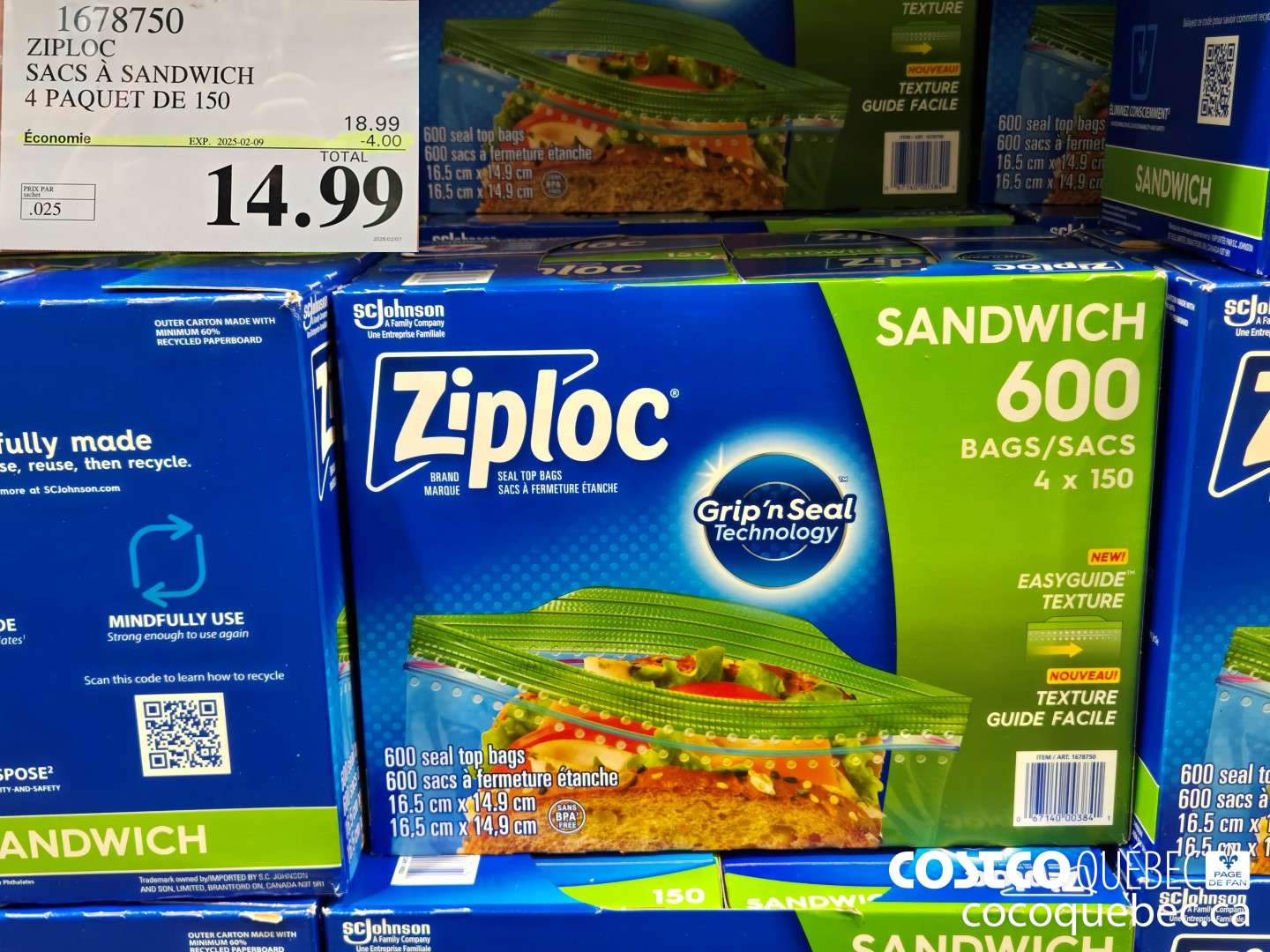 1678750 ZIPLOC SACS A SANDWICH 4 PAQUET DE 150  ($4.00 INSTANT SAVINGS EXPIRES ON 2025-02-09) $14.99
