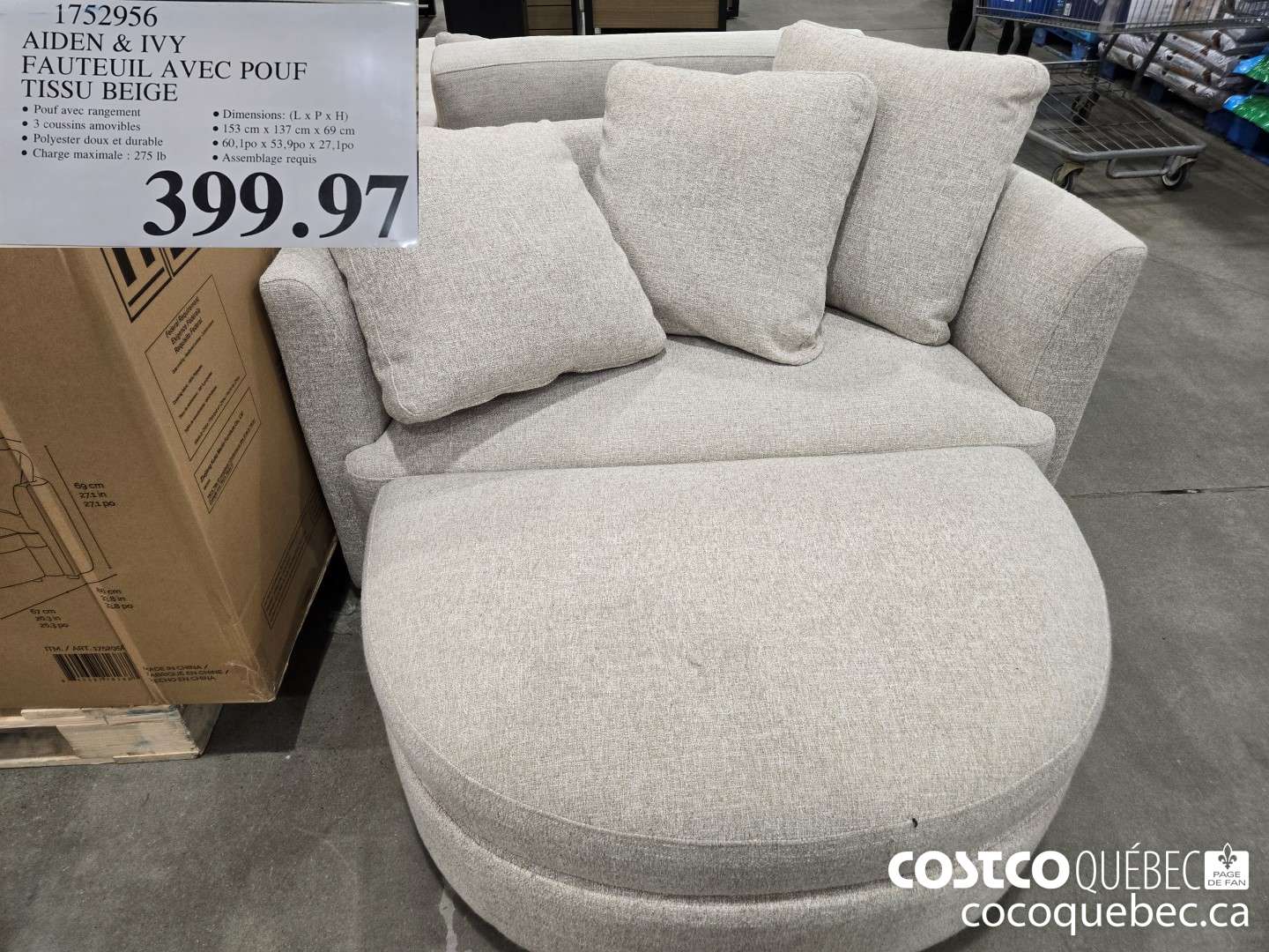 1752956 AIDEN & IVY FAUTEUIL AVEC POUF TISSU BEIGE  $399.97