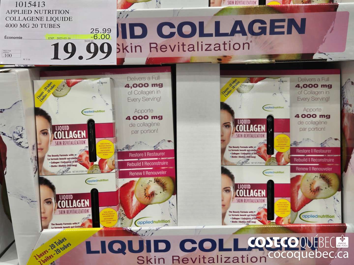 1015413 APPLIED NUTRITION COLLAGENE LIQUIDE 4000 MG 20 TUBES ($6.00 INSTANT SAVINGS EXPIRES ON 2025-03-16) $19.99