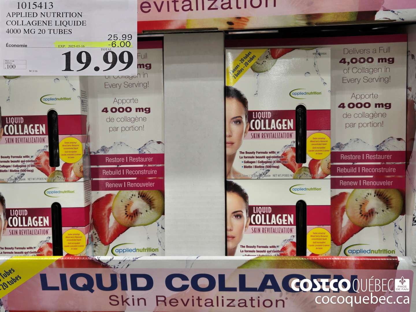 1015413 APPLIED NUTRITION COLLAGENE LIQUIDE 4000 MG 20 TUBES ($6.00 INSTANT SAVINGS EXPIRES ON 2025-03-16) $19.99