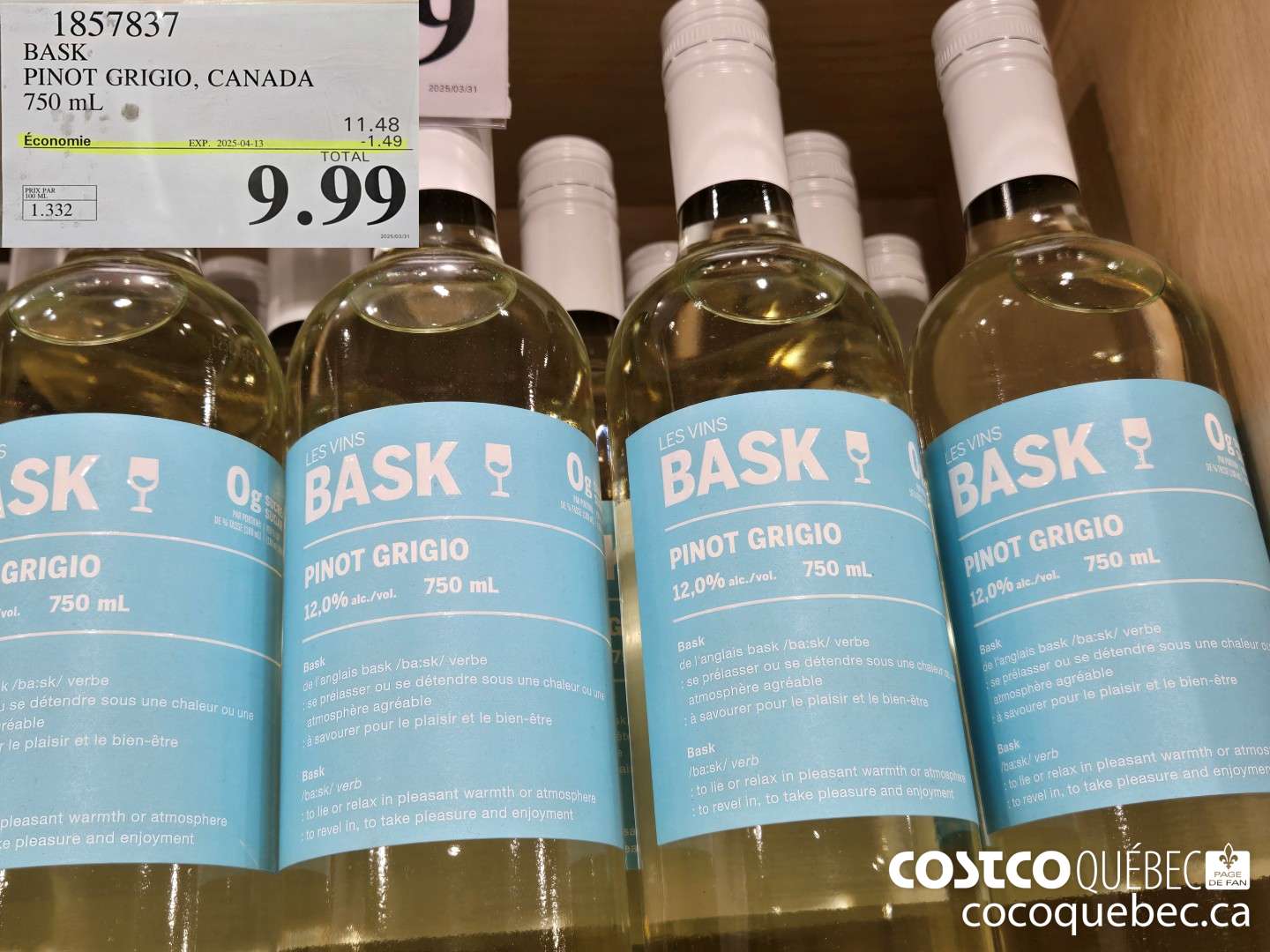 1857837 BASK PINOT GRIGIO, CANADA 750 mL  ($1.49 INSTANT SAVINGS EXPIRES ON 2025-04-13) $9.99