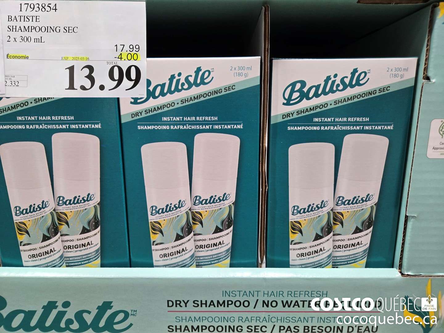 1793854 BATISTE SHAMPOOING SEC 2 X 300 mL  ($4.00 INSTANT SAVINGS EXPIRES ON 2025-03-16) $13.99