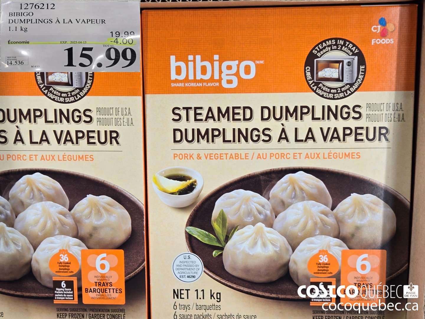 1276212 BIBIGO DUMPLINGS A LA VAPEUR 1.1 kg  ($4.00 INSTANT SAVINGS EXPIRES ON 2025-04-13) $15.99