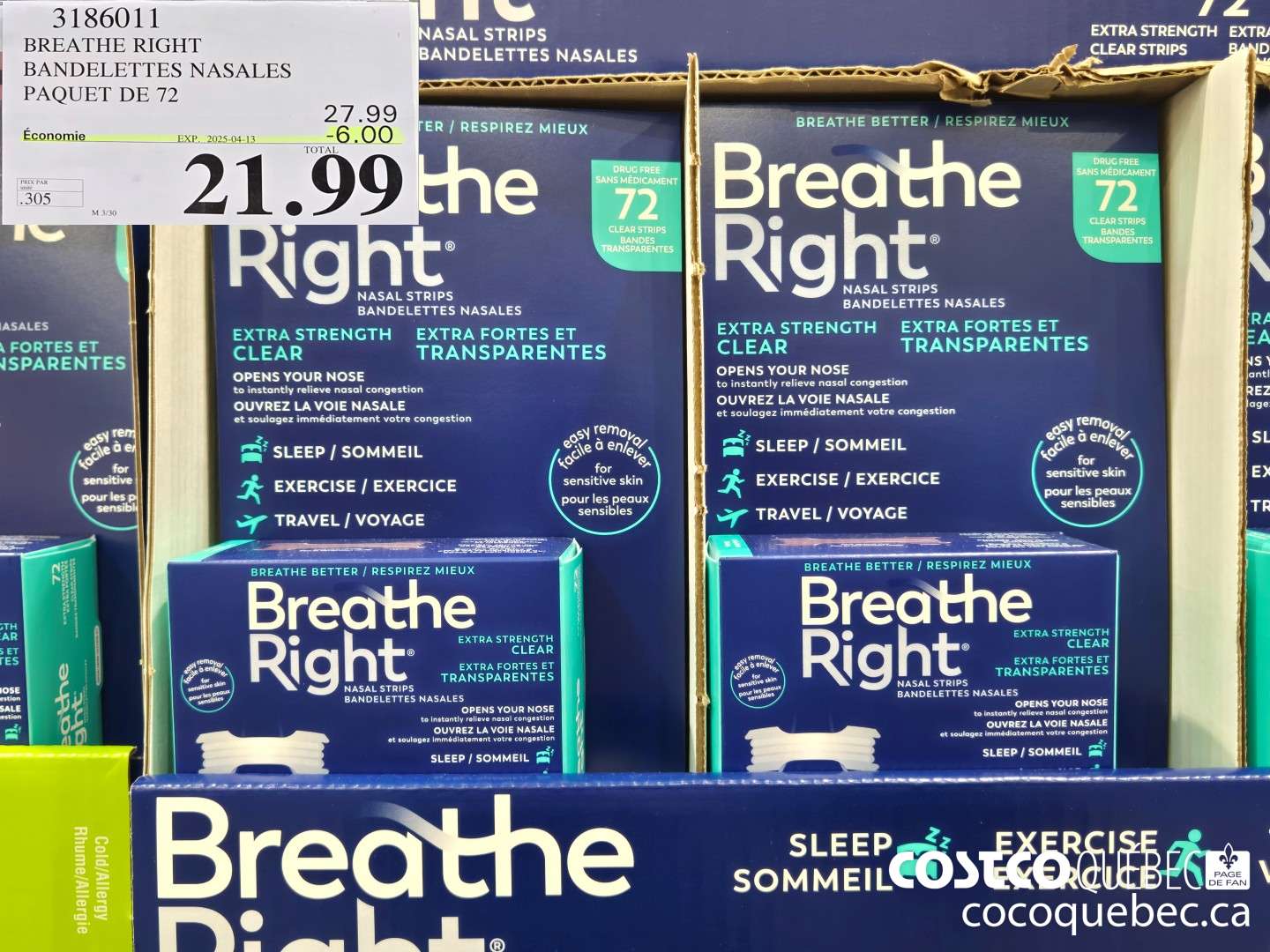 3186011 BREATHE RIGHT BANDELETTES NASALES PAQUET DE 72  ($6.00 INSTANT SAVINGS EXPIRES ON 2025-04-13) $21.99