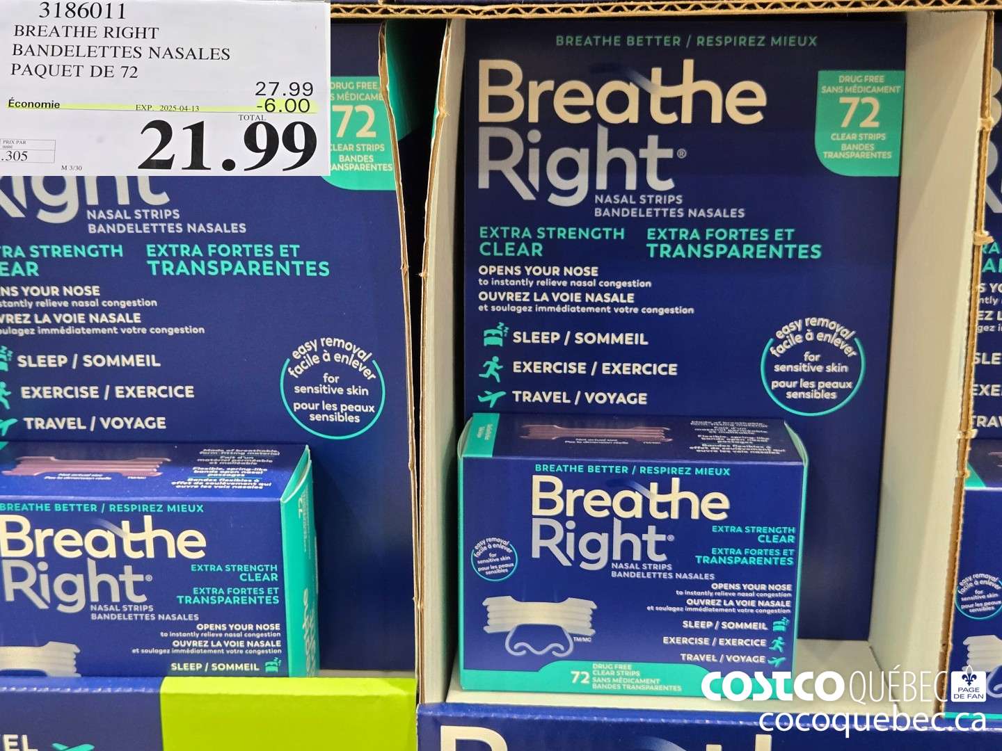 3186011 BREATHE RIGHT BANDELETTES NASALES PAQUET DE 72  ($6.00 INSTANT SAVINGS EXPIRES ON 2025-04-13) $21.99