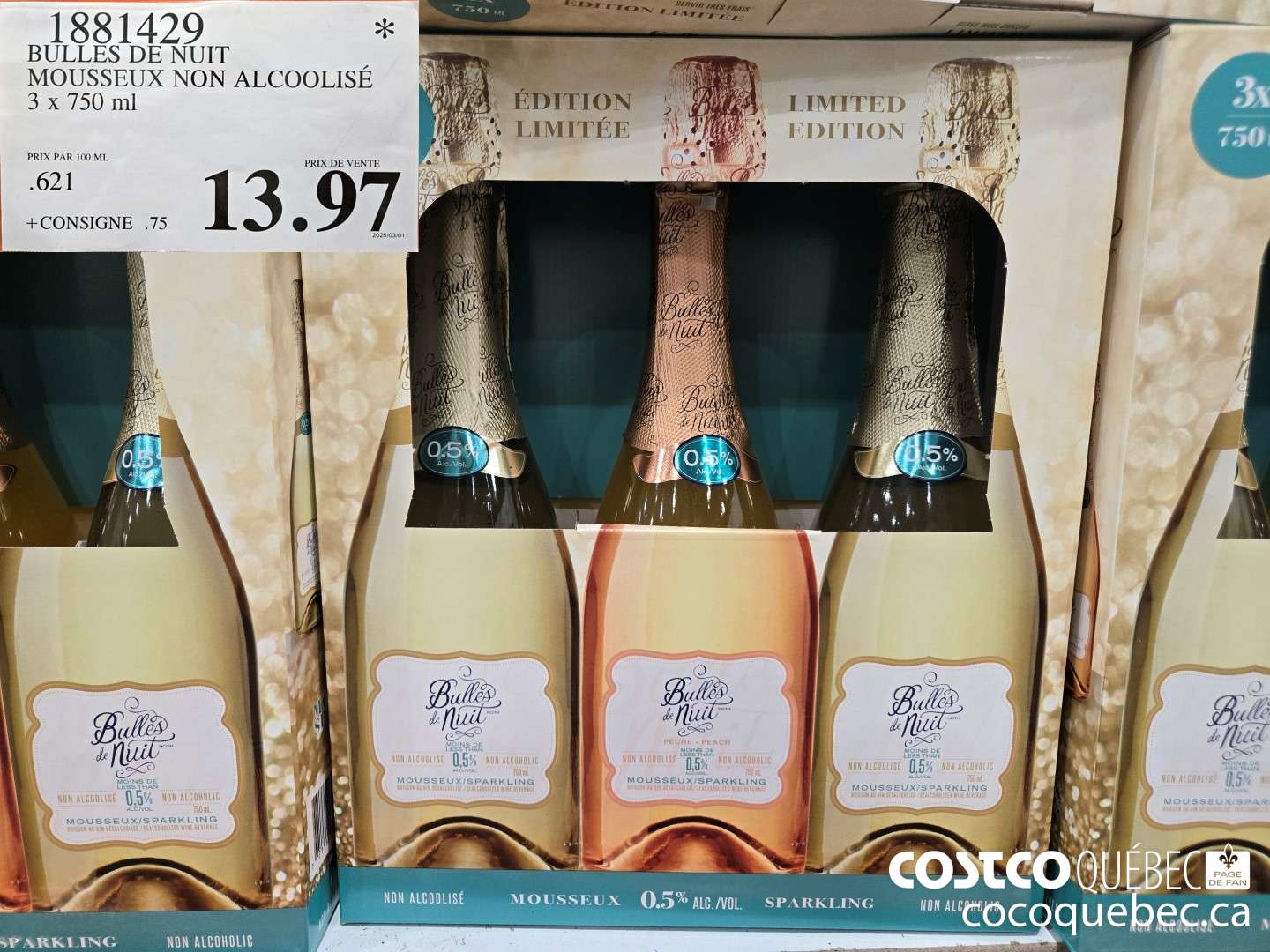 1881429 BULLES DE NUIT , MOUSSEUX NON ALCOOLISE 3 x 750 ml  $13.97