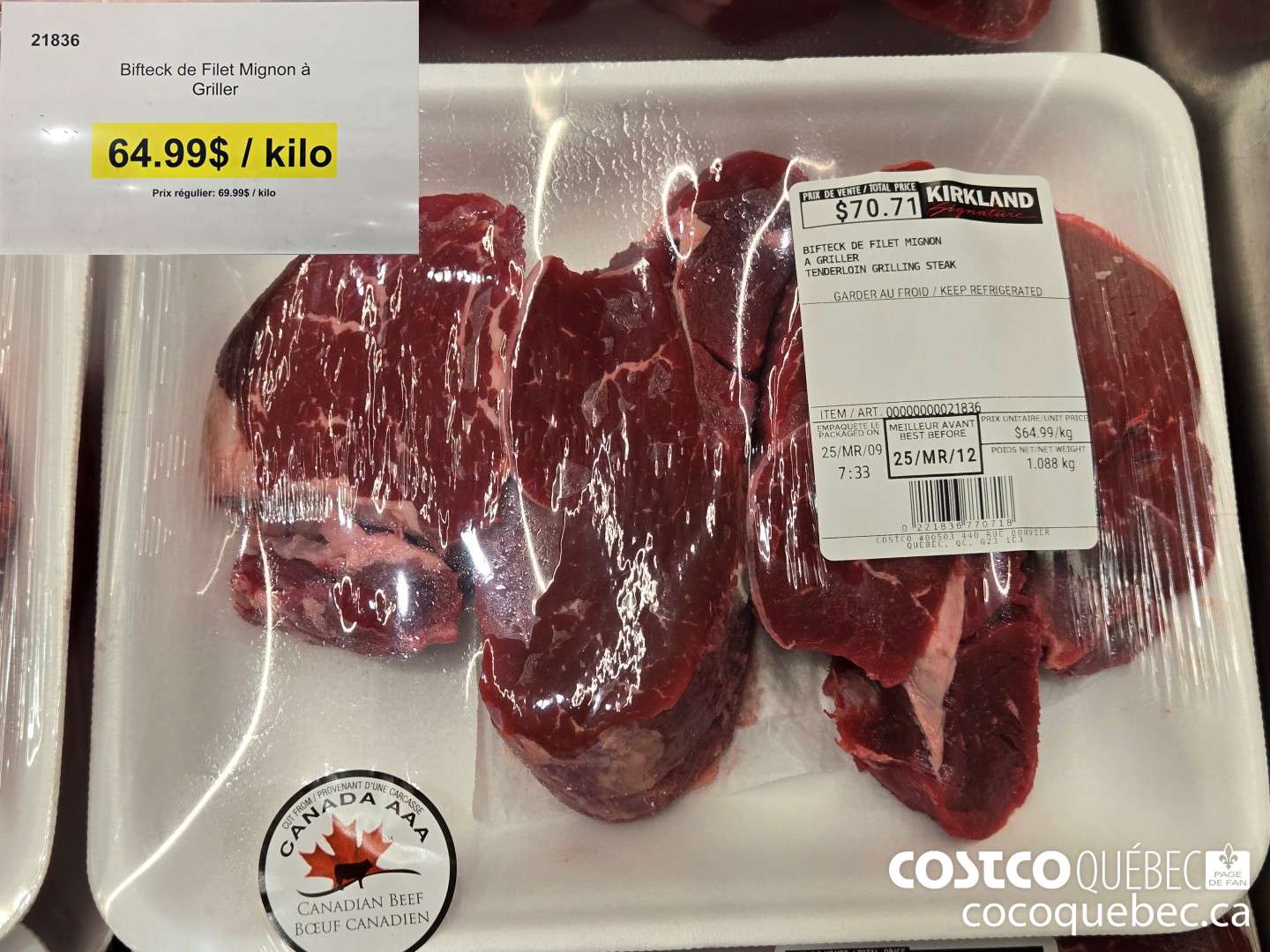 21836 Bifteck de Filet Mignon a Griller  $64.99