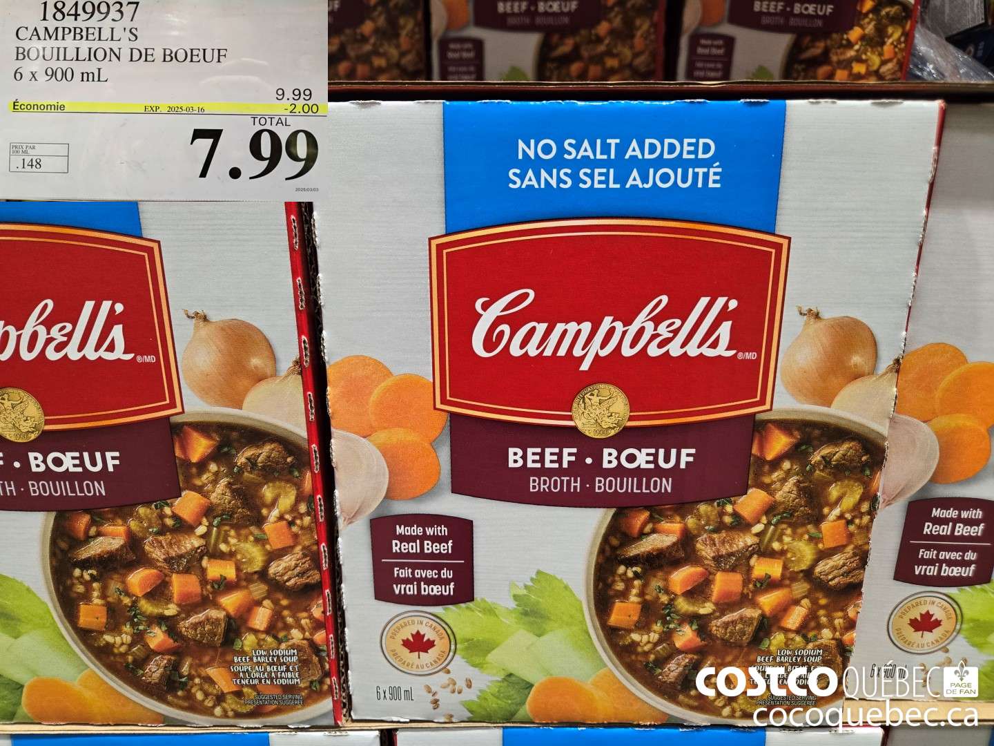 1849937 CAMPBELL'S BOUILLION DE BOEUF 6 x 900 mL  ($2.00 INSTANT SAVINGS EXPIRES ON 2025-03-16) $7.99