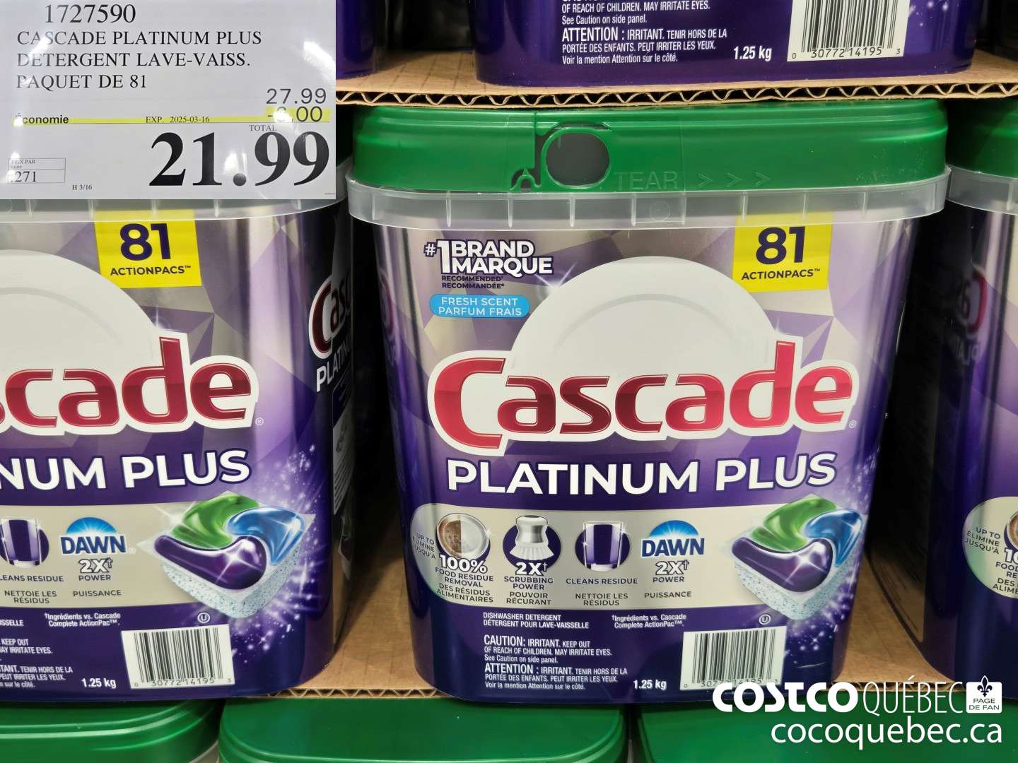 1727590 CASCADE PLATINUM PLUS DETERGENT LAVE-VAISS. PAQUET DE 81  ($6.00 INSTANT SAVINGS EXPIRES ON 2025-03-16) $21.99