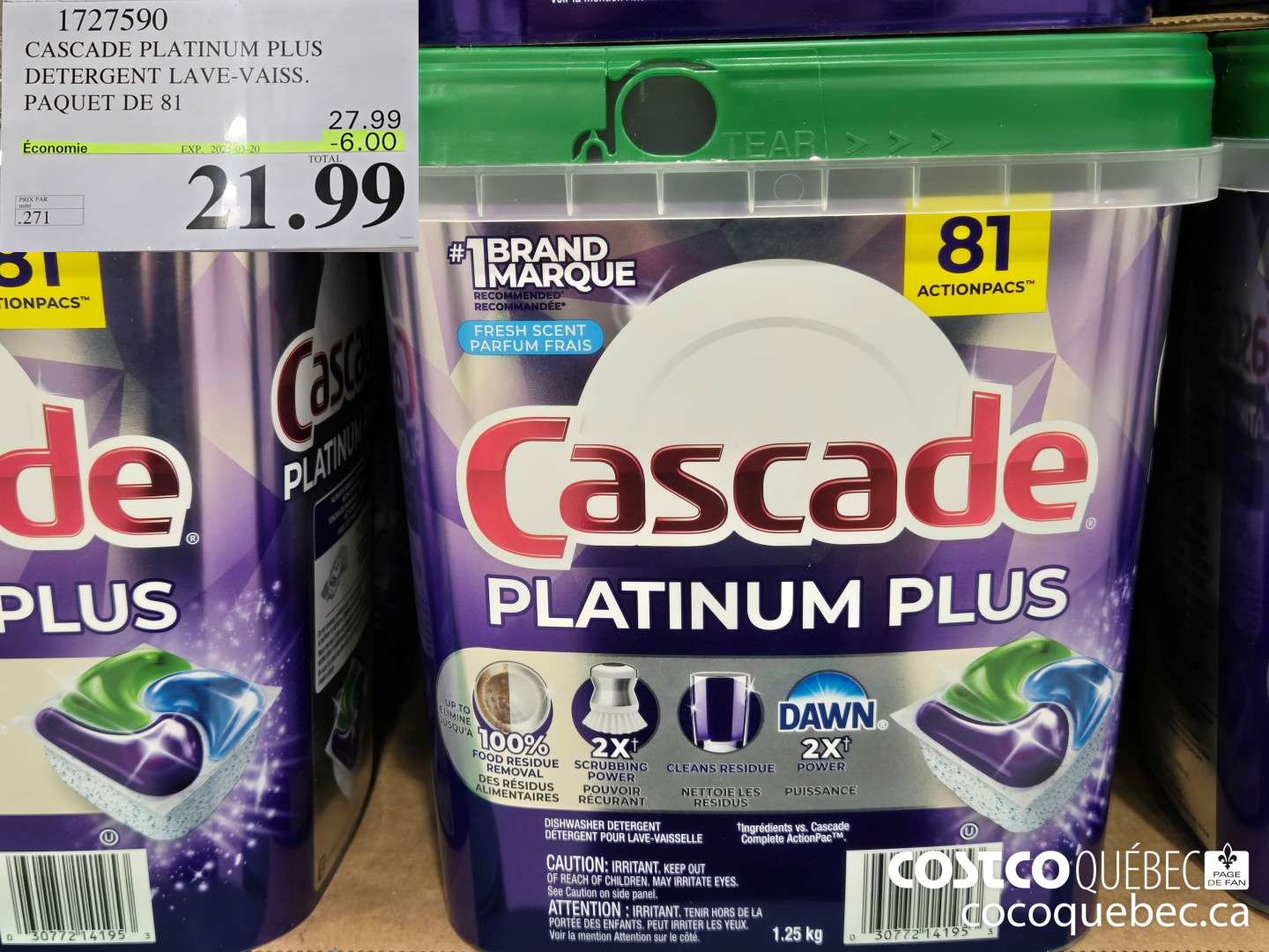 1727590 CASCADE PLATINUM PLUS DETERGENT LAVE-VAISS. PAQUET DE 81  ($6.00 INSTANT SAVINGS EXPIRES ON 2025-03-20) $21.99