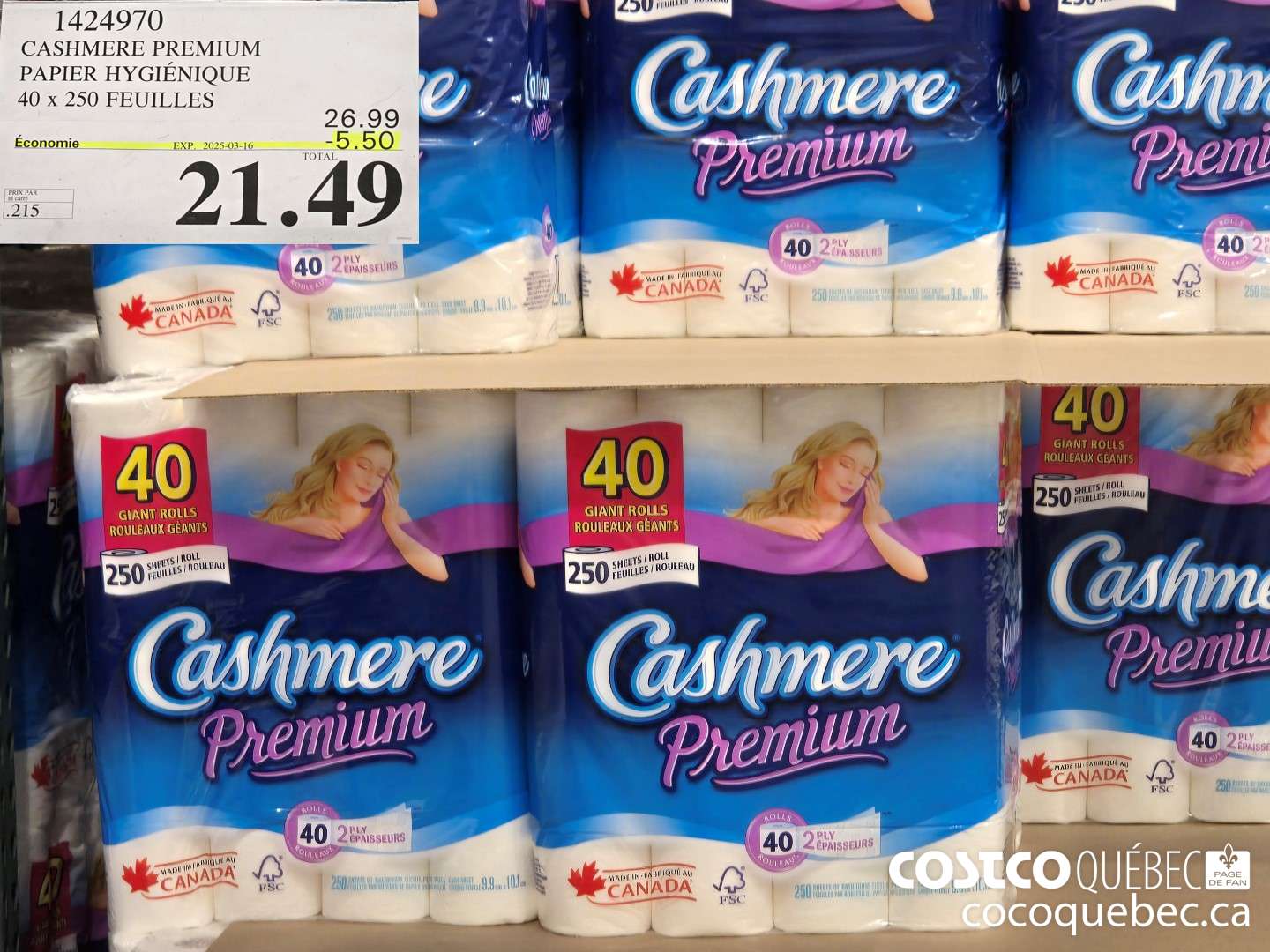 1424970 CASHMERE PREMIUM PAPIER HYGIENIQUE 40 x 250 FEUILLES  ($5.50 INSTANT SAVINGS EXPIRES ON 2025-03-16) $21.49