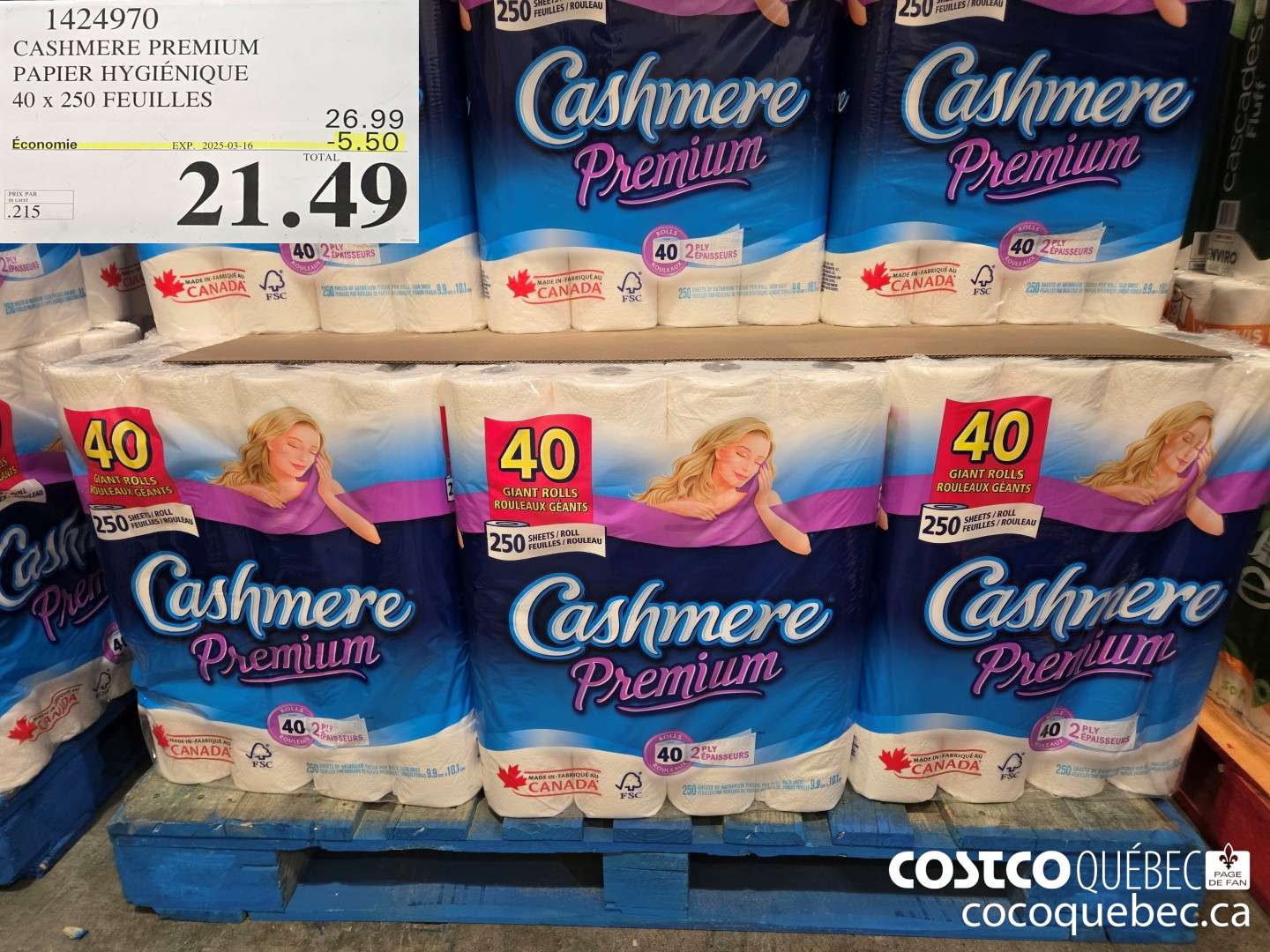 1424970 CASHMERE PREMIUM PAPIER HYGIENIQUE 40 x 250 FEUILLES  ($5.50 INSTANT SAVINGS EXPIRES ON 2025-03-16) $21.49