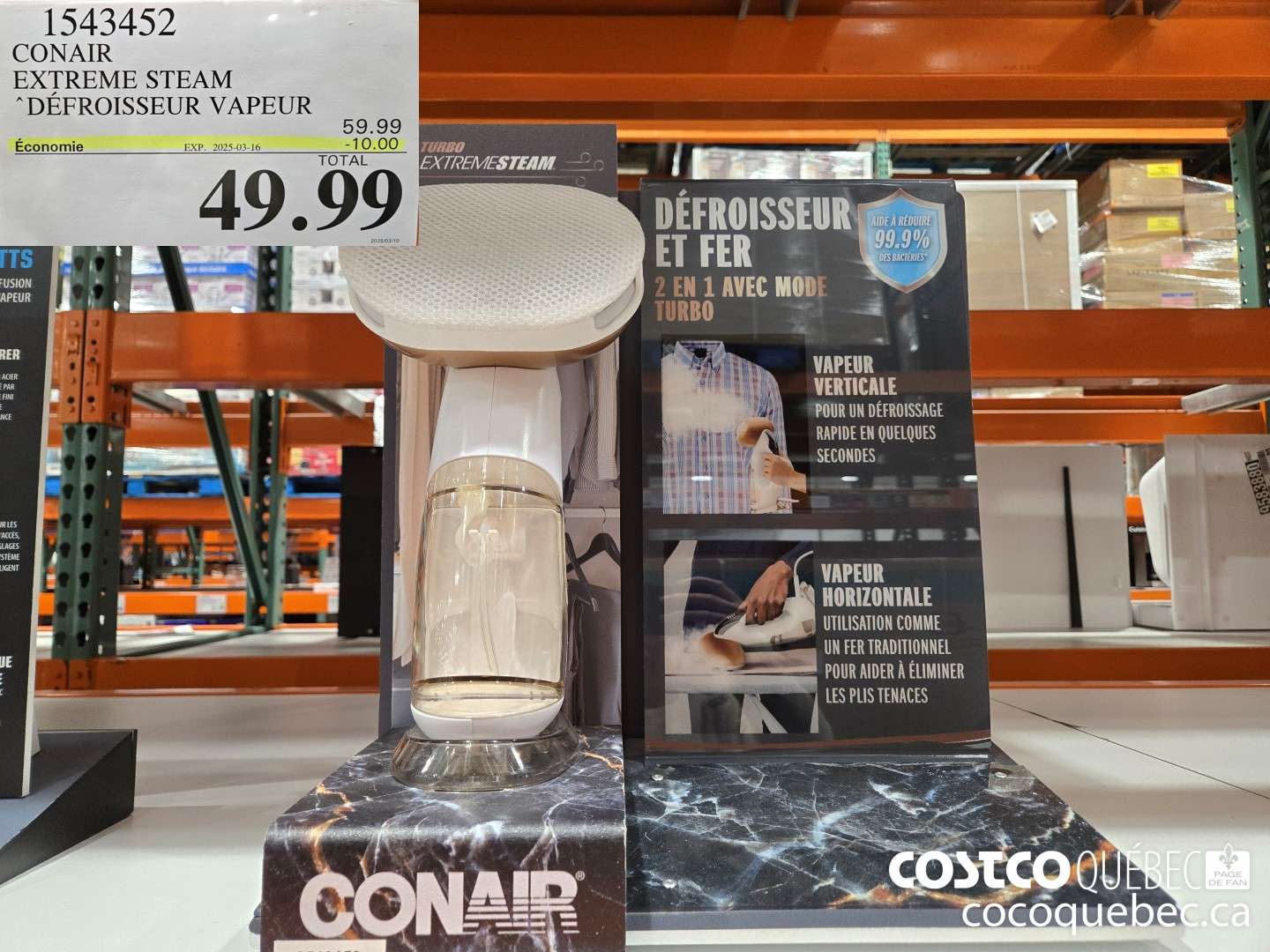 1543452 CONAIR EXTREME STEAM DEFROISSEUR VAPEUR “2 EN 1 AVEC TURBO  ($10.00 INSTANT SAVINGS EXPIRES ON 2025-03-16) $49.99