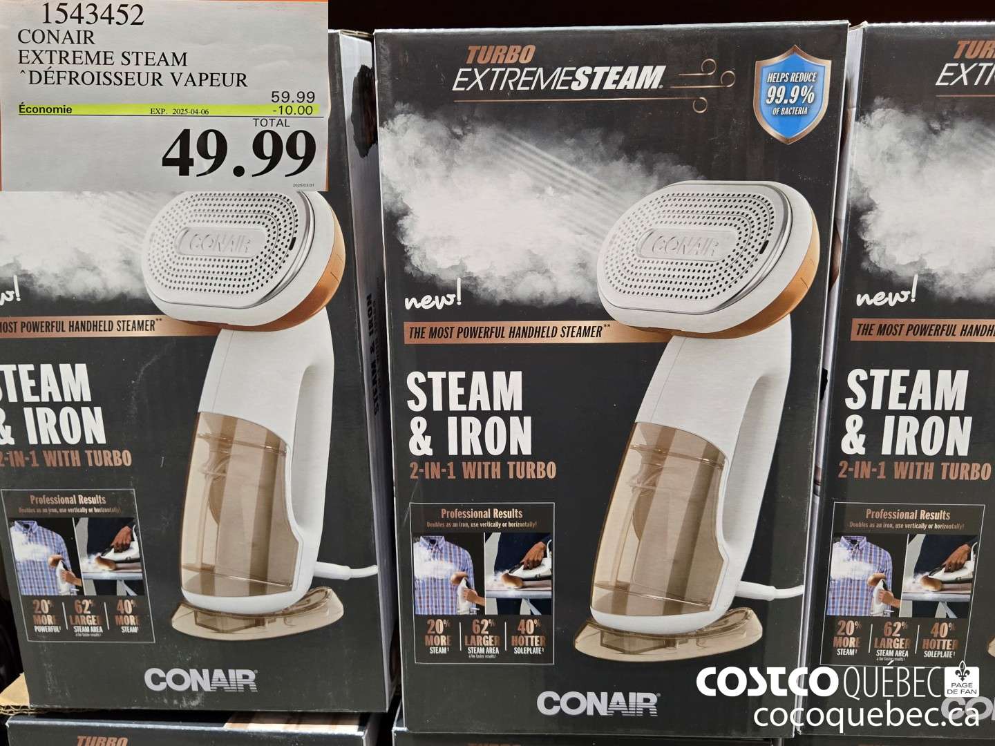 1543452 CONAIR EXTREME STEAM DEFROISSEUR VAPEUR “2 EN 1 AVEC TURBO  ($10.00 INSTANT SAVINGS EXPIRES ON 2025-04-06) $49.99