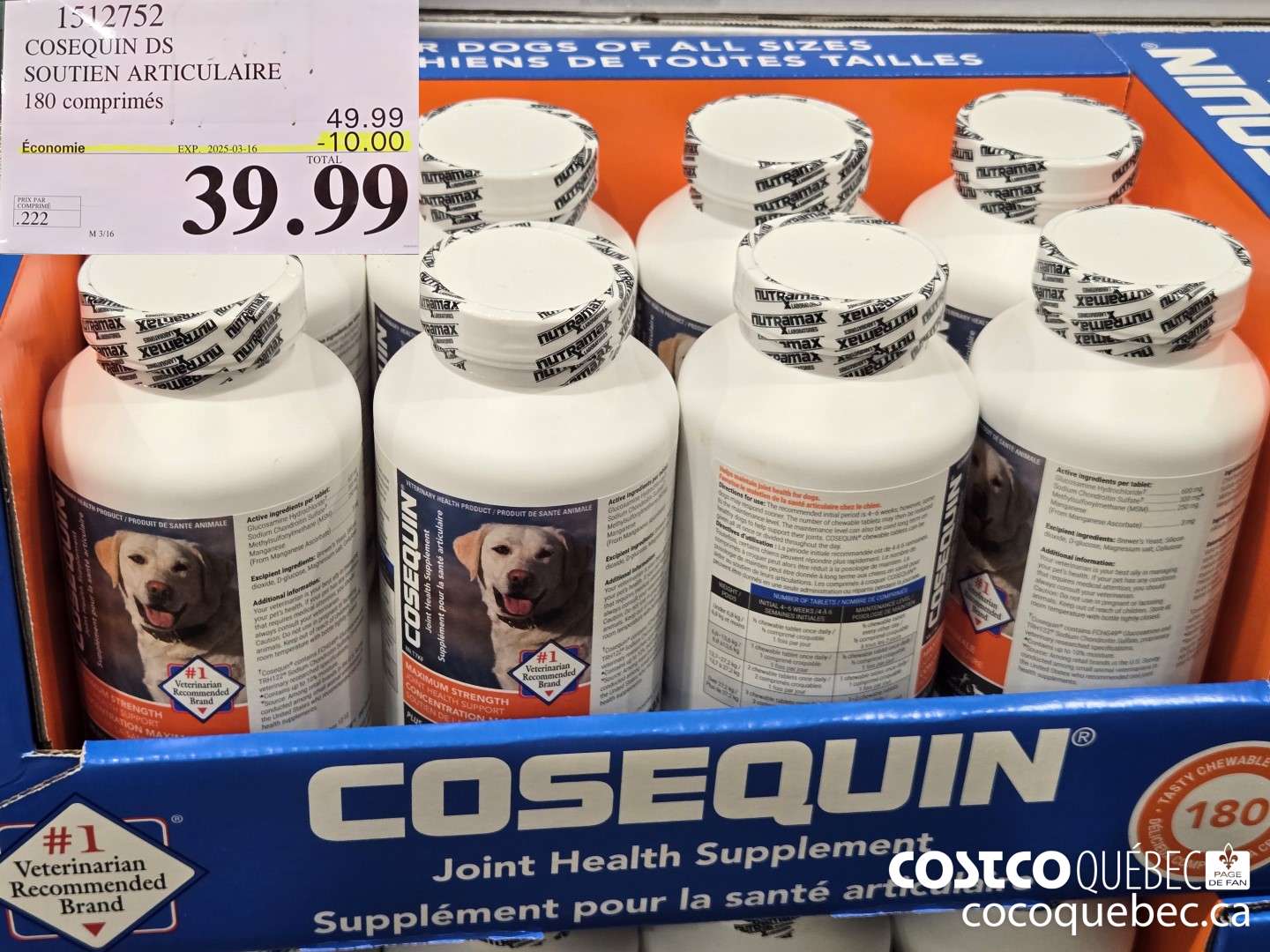 1512752 COSEQUIN DS SOUTIEN ARTICULAIRE 180 comprimés  ($10.00 INSTANT SAVINGS EXPIRES ON 2025-03-16) $39.99