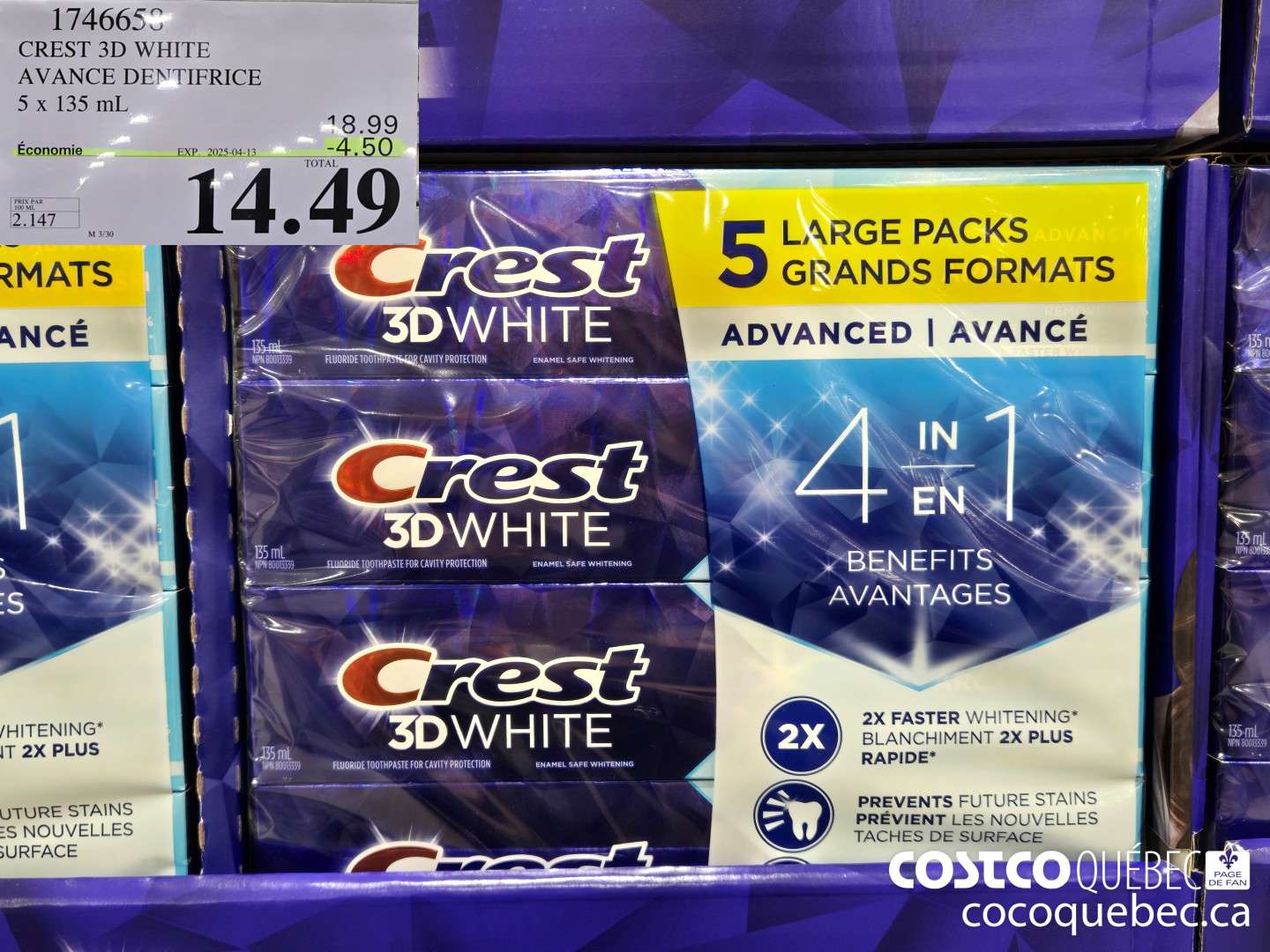 1746658 CREST 3D WHITE AVANCE DENTIFRICE 5 x 135 ml. ($4.50 INSTANT SAVINGS EXPIRES ON 2025-04-13) $14.49