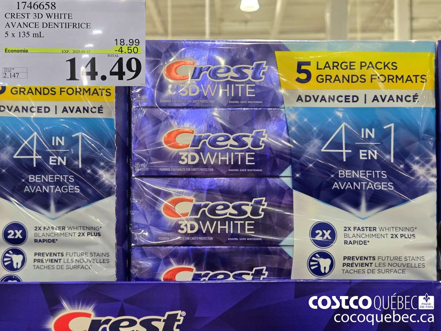 1746658 CREST 3D WHITE AVANCE DENTIFRICE 5 x 135 ml. ($4.50 INSTANT SAVINGS EXPIRES ON 2025-04-13) $14.49