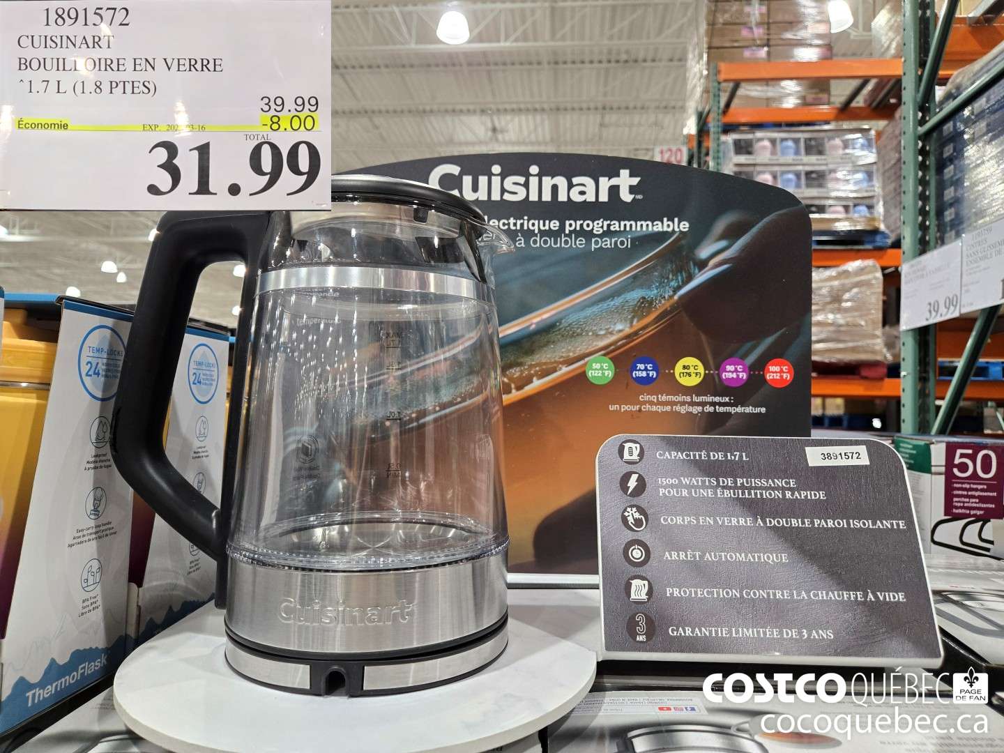 1891572 CUISINART BOUILLOIRE EN VERRE “1.7 L (1.8 PTES)  ($8.00 INSTANT SAVINGS EXPIRES ON 2025-03-16) $31.99