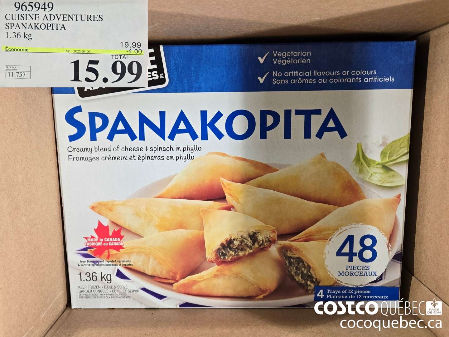 965949 CUISINE ADVENTURES SPANAKOPITA 1.36 kg  ($4.00 INSTANT SAVINGS EXPIRES ON 2025-04-06) $15.99