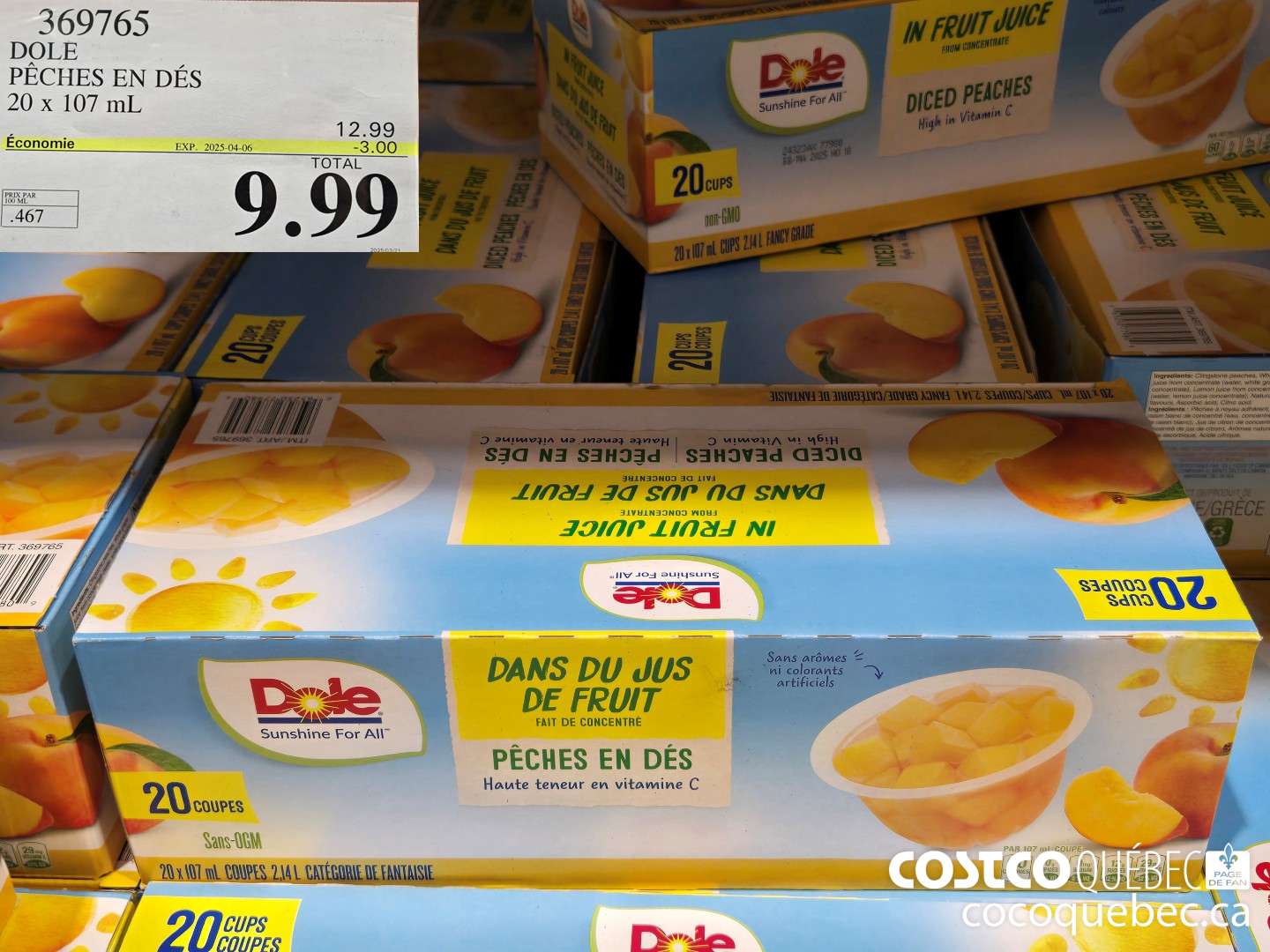 369765 DOLE PECHES EN DES 20 x 107 mL  ($3.00 INSTANT SAVINGS EXPIRES ON 2025-04-06) $9.99