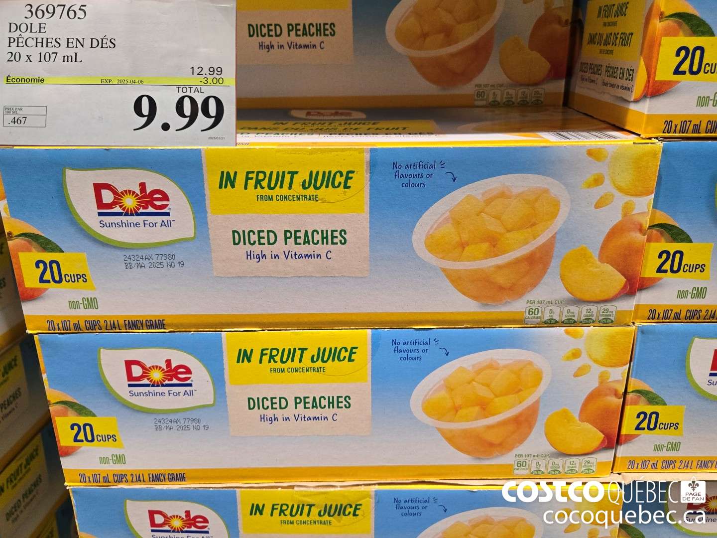 369765 DOLE PECHES EN DES 20 x 107 mL  ($3.00 INSTANT SAVINGS EXPIRES ON 2025-04-06) $9.99