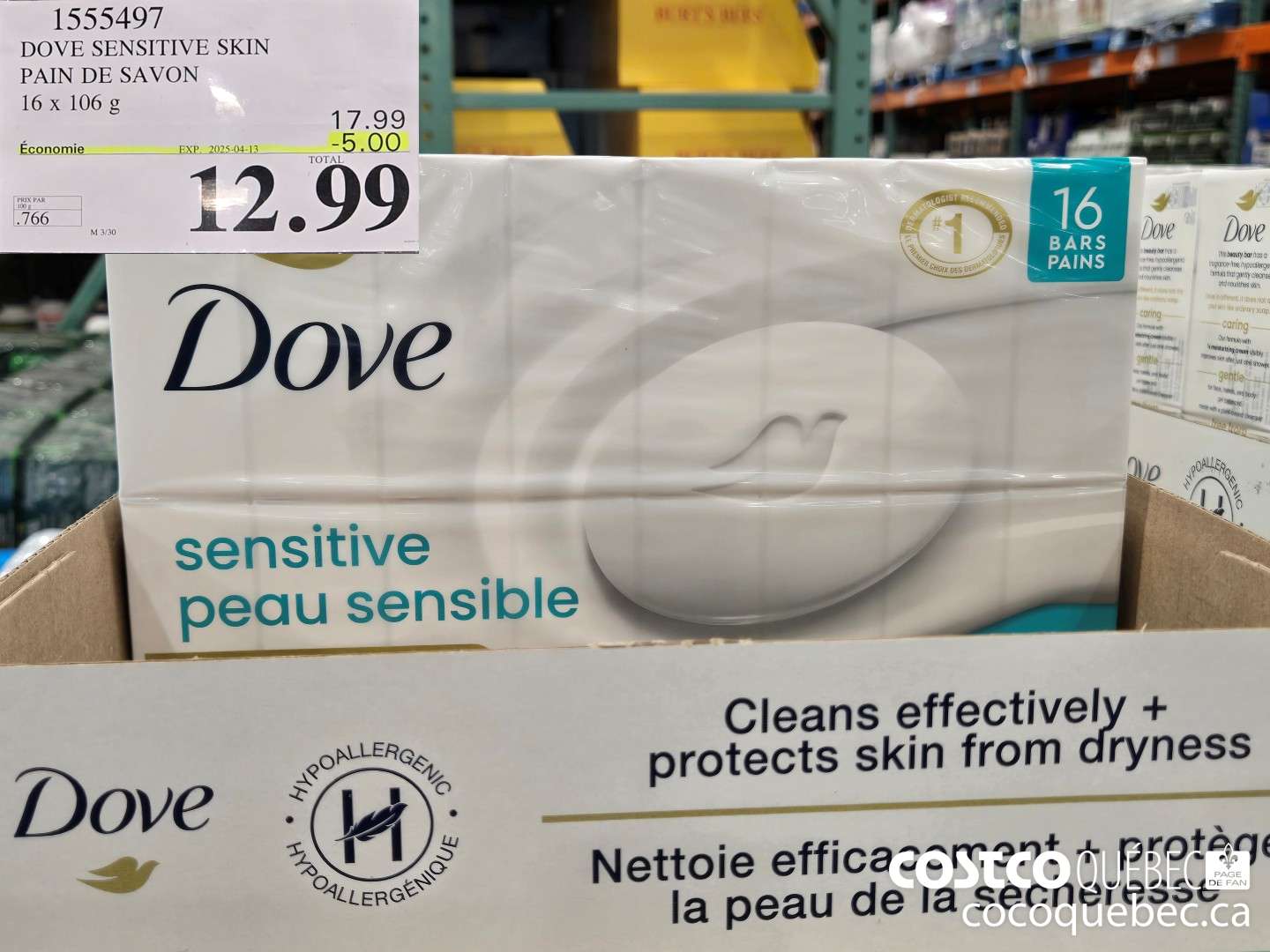 1555497 DOVE 4 SAVON SENSIBLE 16 x 106 g ($5.00 INSTANT SAVINGS EXPIRES ON 2025-04-13) $12.99