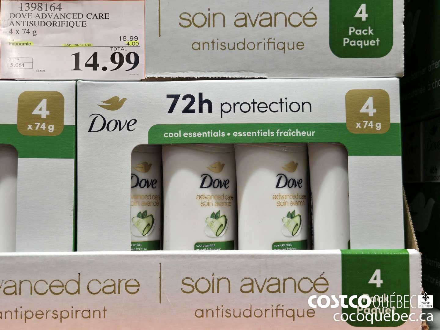 1398164 DOVE ADVANCED CARE ANTISUDORIFIQUE 4x74 ($4.00 INSTANT SAVINGS EXPIRES ON 2025-03-30) $14.99