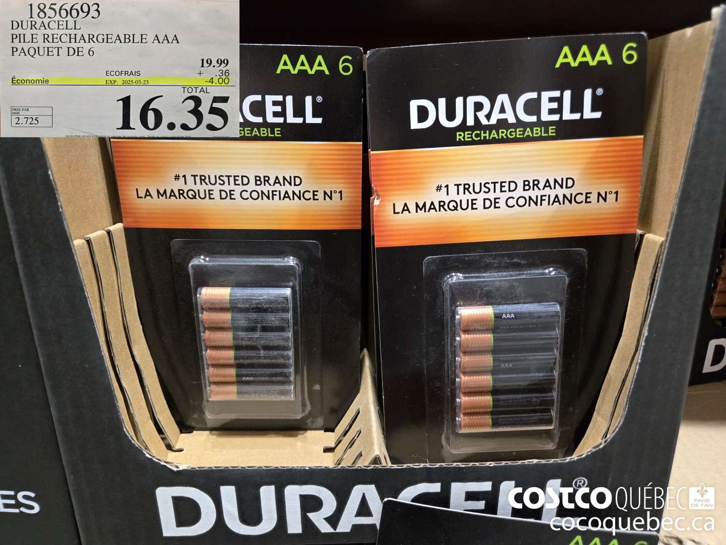 1856693 DURACELL PILE RECHARGEABLE AAA PAQUET DE 6  ($4.00 INSTANT SAVINGS EXPIRES ON 2025-03-23) $16.35