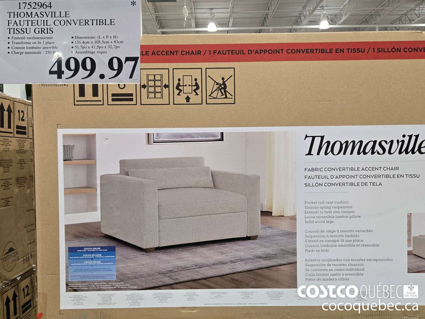 1752964 FAUTEUIL CONVERTIBLE  TISSU GRIS $949.99