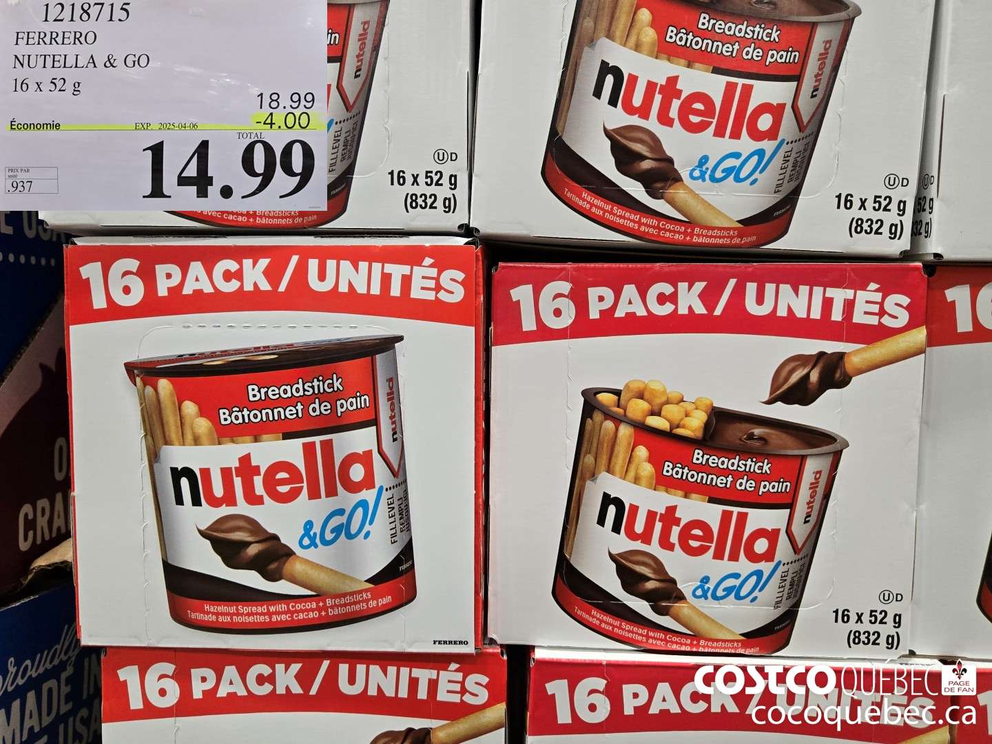 1218715 FERRERO NUTELLA & GO 16x 52G  ($4.00 INSTANT SAVINGS EXPIRES ON 2025-04-06) $14.99