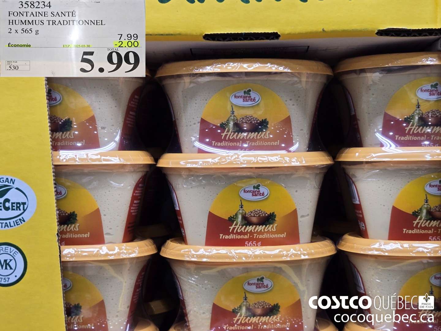 358234 FONTAINE SANTE HUMMUS TRADITIONNEL 2x 565 g ($2.00 INSTANT SAVINGS EXPIRES ON 2025-03-02) $5.99