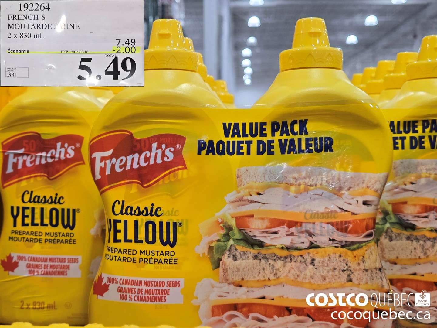 192264 FRENCH'S MOUTARDE JAUNE 2 x 830 mL ($2.00 INSTANT SAVINGS EXPIRES ON 2025-03-16) $5.49