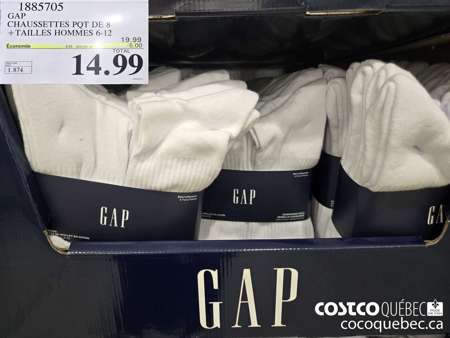 1885705 GAP CHAUSSETTES POT DE 8 +TAILLES HOMMES 6-12  ($5.00 INSTANT SAVINGS EXPIRES ON 2025-03-16) $14.99