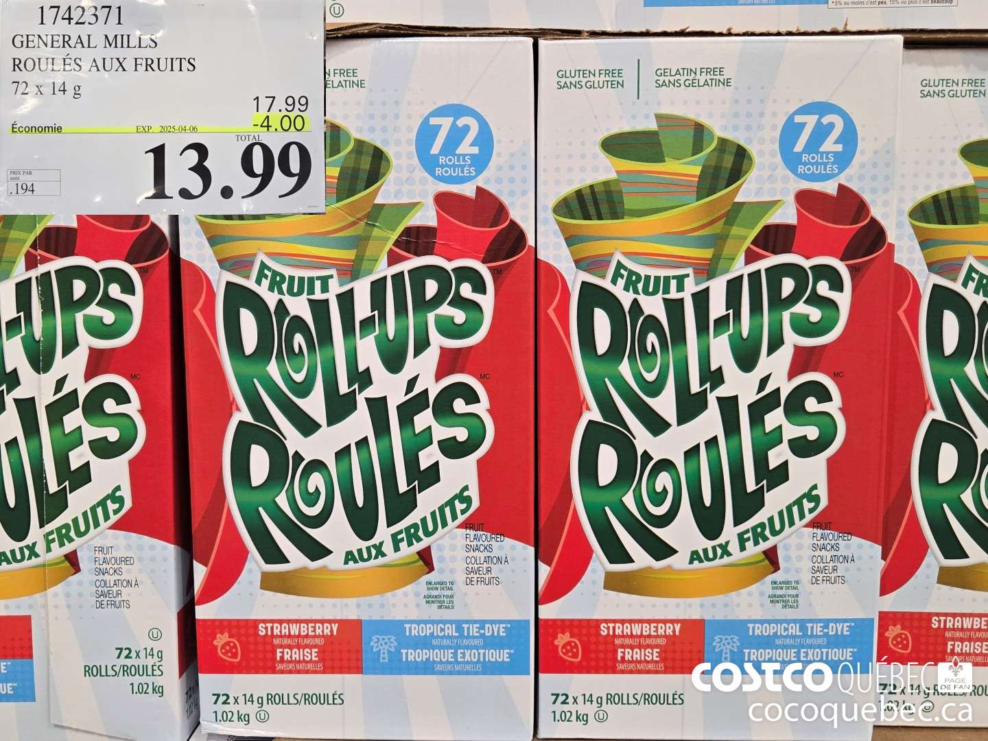 1742371 GENERAL MILLS ROULES AUX FRUITS 72x 14G  ($4.00 INSTANT SAVINGS EXPIRES ON 2025-04-13) $13.99