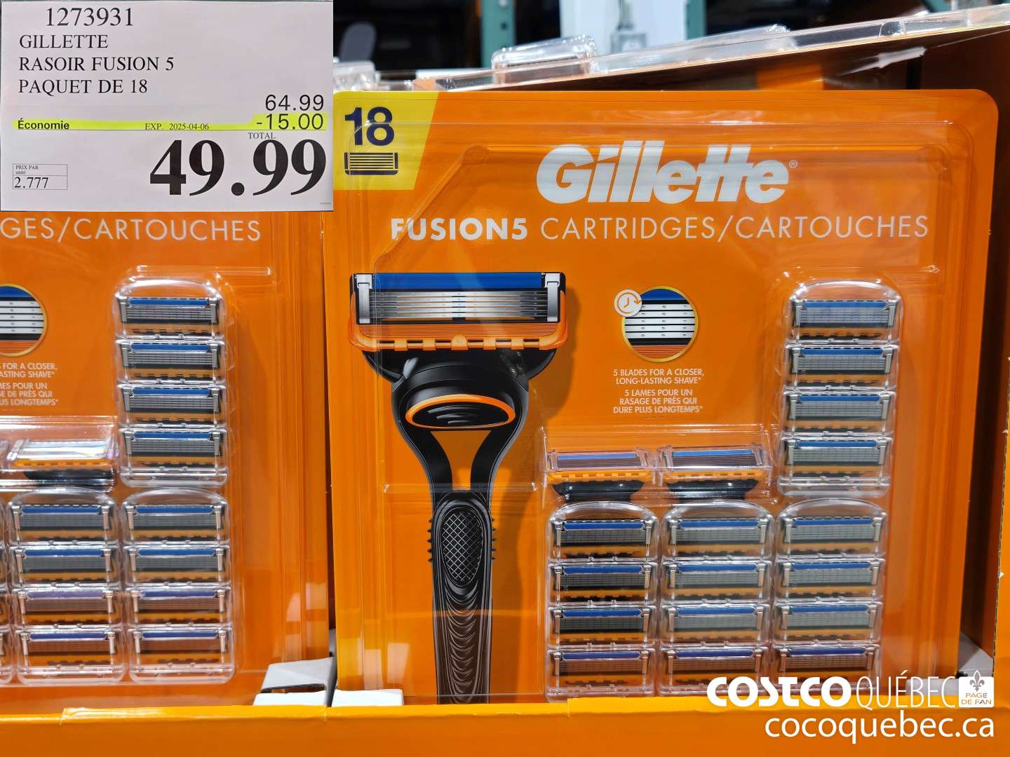 1273931 GILLETTE FUSIONS CARTOUCHES PAQUET DE 18 ($15.00 INSTANT SAVINGS EXPIRES ON 2025-04-13) $49.99