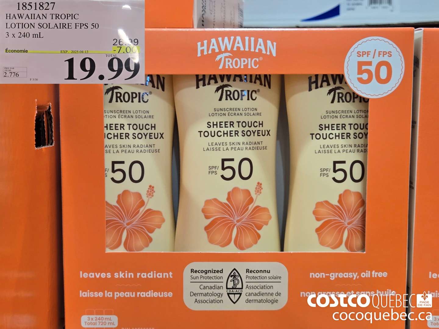 1851827 HAWAIIAN TROPIC LOTION SOLAIRE FPS 50 3 x 240 mL  ($7.00 INSTANT SAVINGS EXPIRES ON 2025-04-13) $19.99