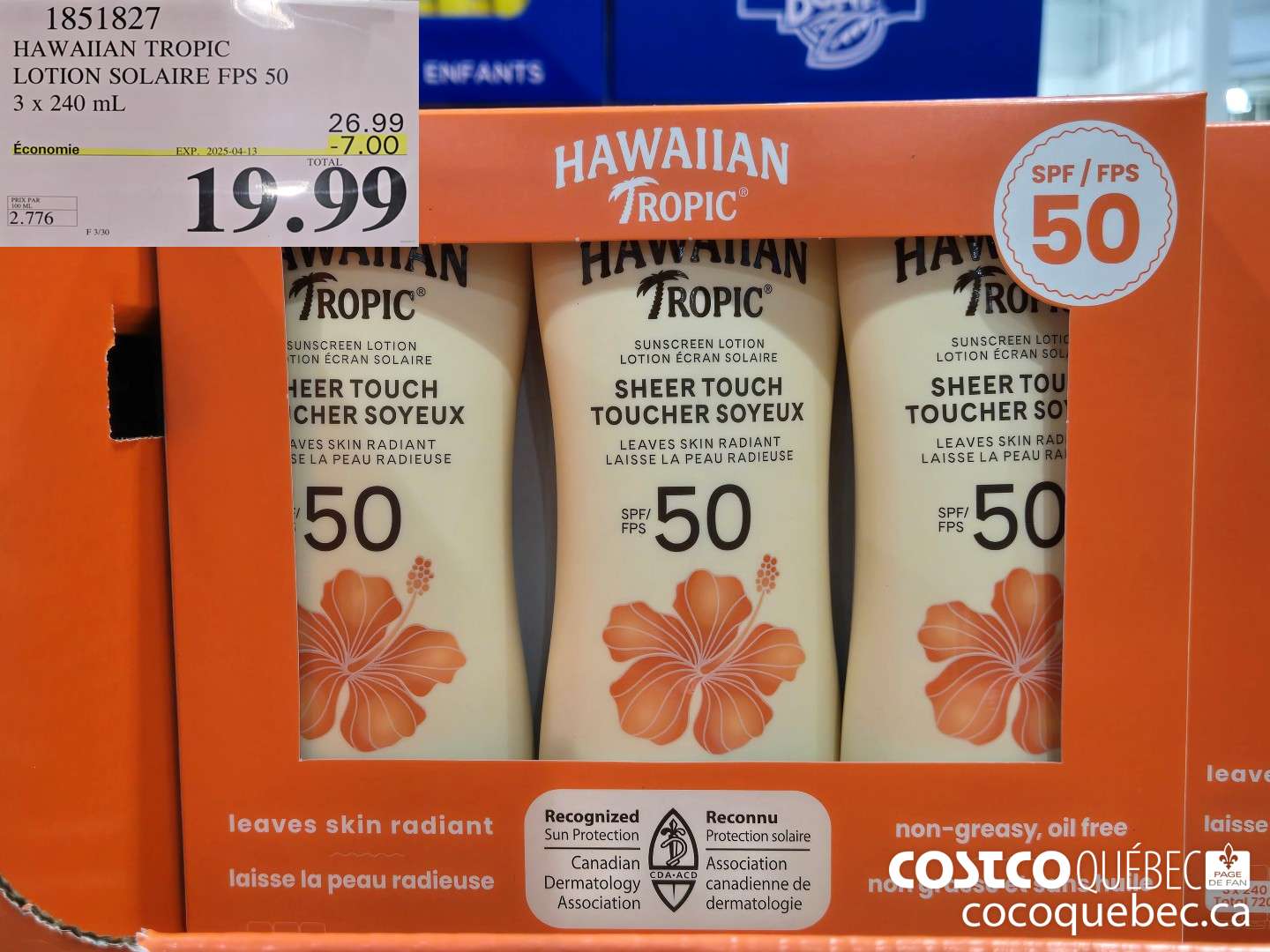 1851827 HAWAIIAN TROPIC LOTION SOLAIRE FPS 50 3 x 240 mL  ($7.00 INSTANT SAVINGS EXPIRES ON 2025-04-13) $19.99